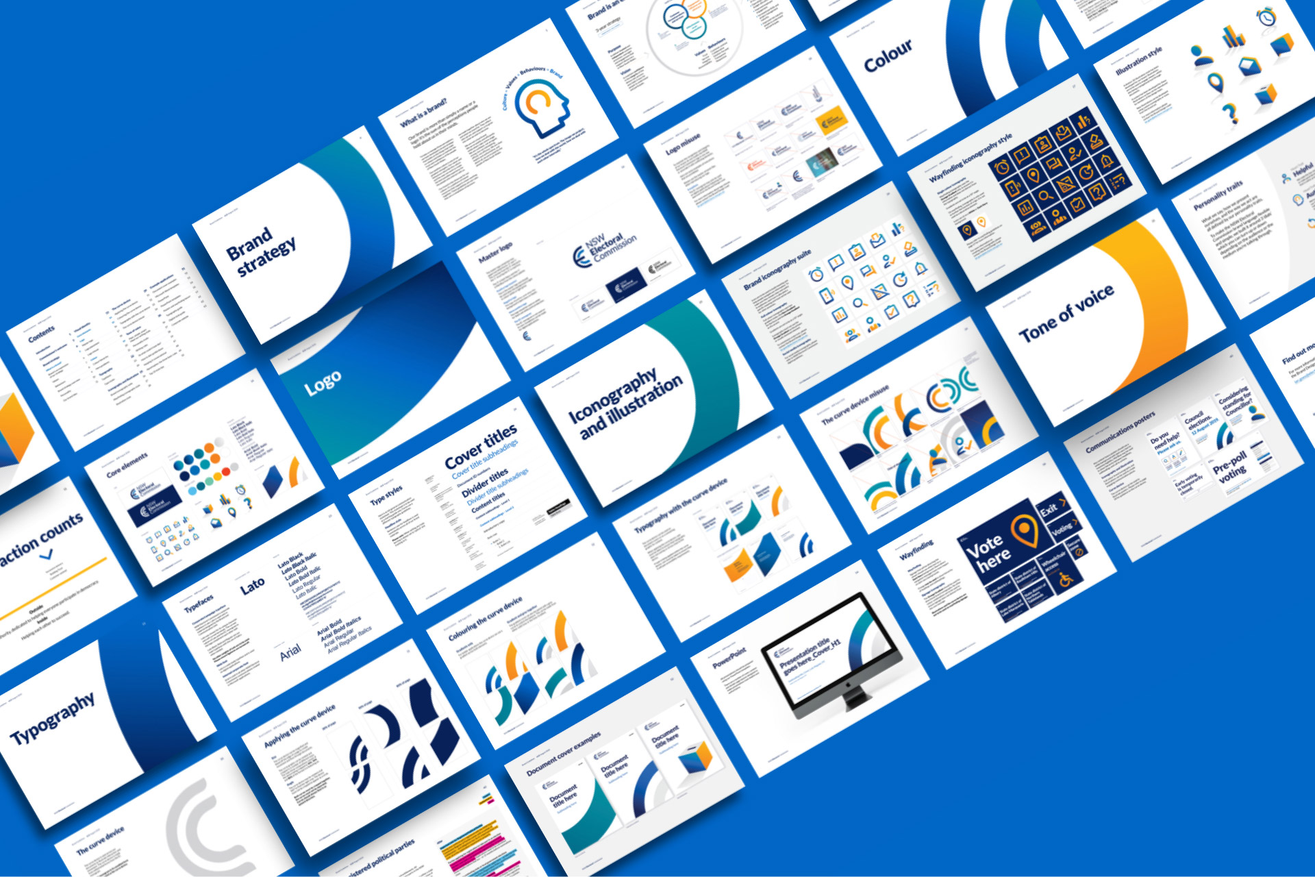 Multiple slides of a brand style guide presentation.