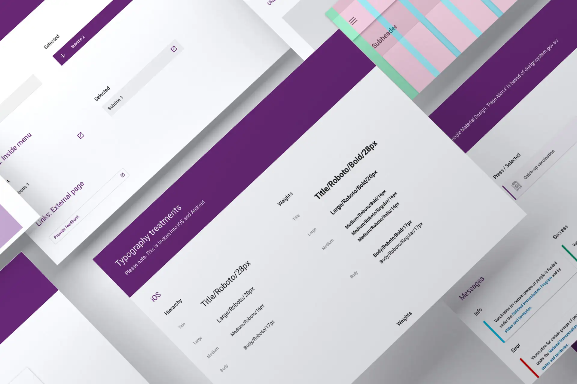 Close-up of UI design guidelines for the Immunisation Handbook digital system, including typography treatments and layout components.
