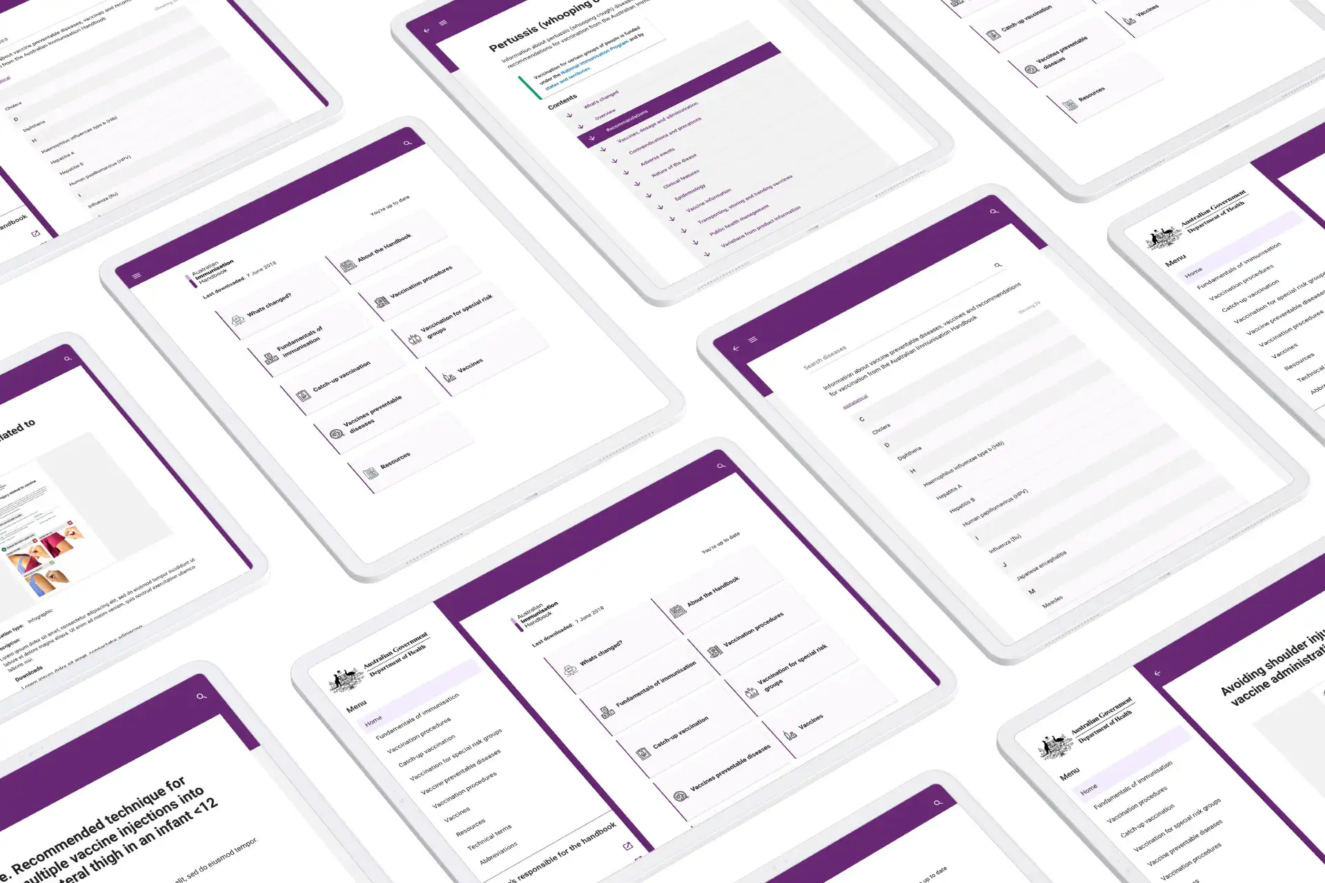 Multiple tablet screens laid out in a grid, each displaying different sections of the Australian Immunisation Handbook app interface with purple headers.
