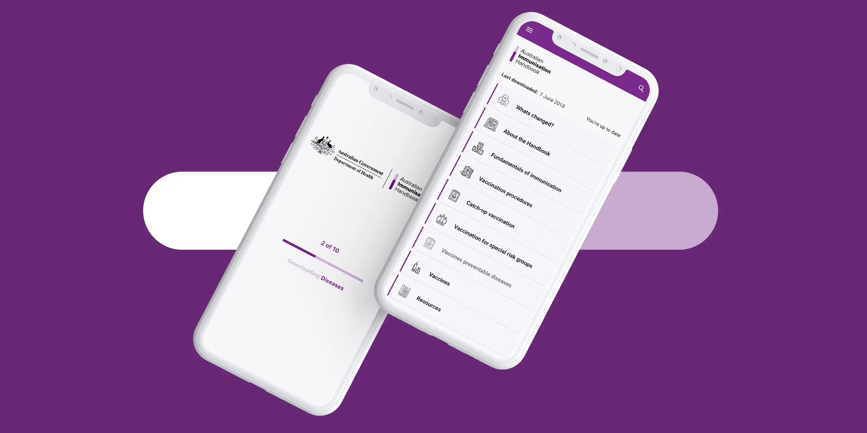 Two smartphones on a purple background, one showing the Australian Immunisation Handbook loading screen and the other displaying the app’s navigation menu and categories.