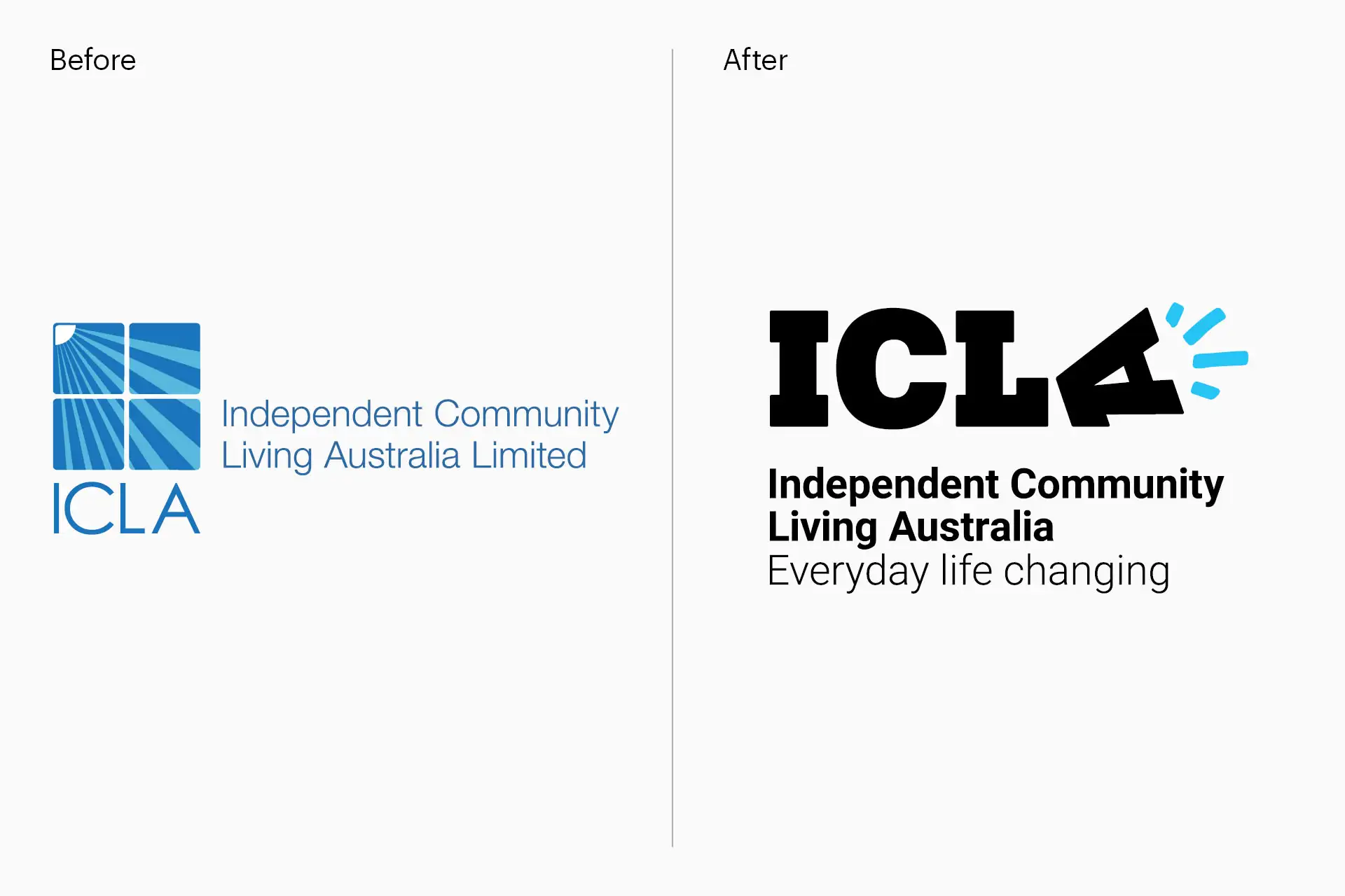ICLA’s brand evolution shown through a before-and-after logo comparison reflecting a clearer, bolder organisational identity.