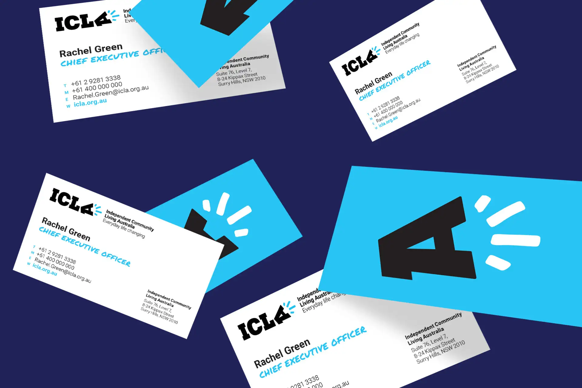 ICLA brand rollout shown through refreshed business cards expressing the organisation’s bold, energetic visual identity.