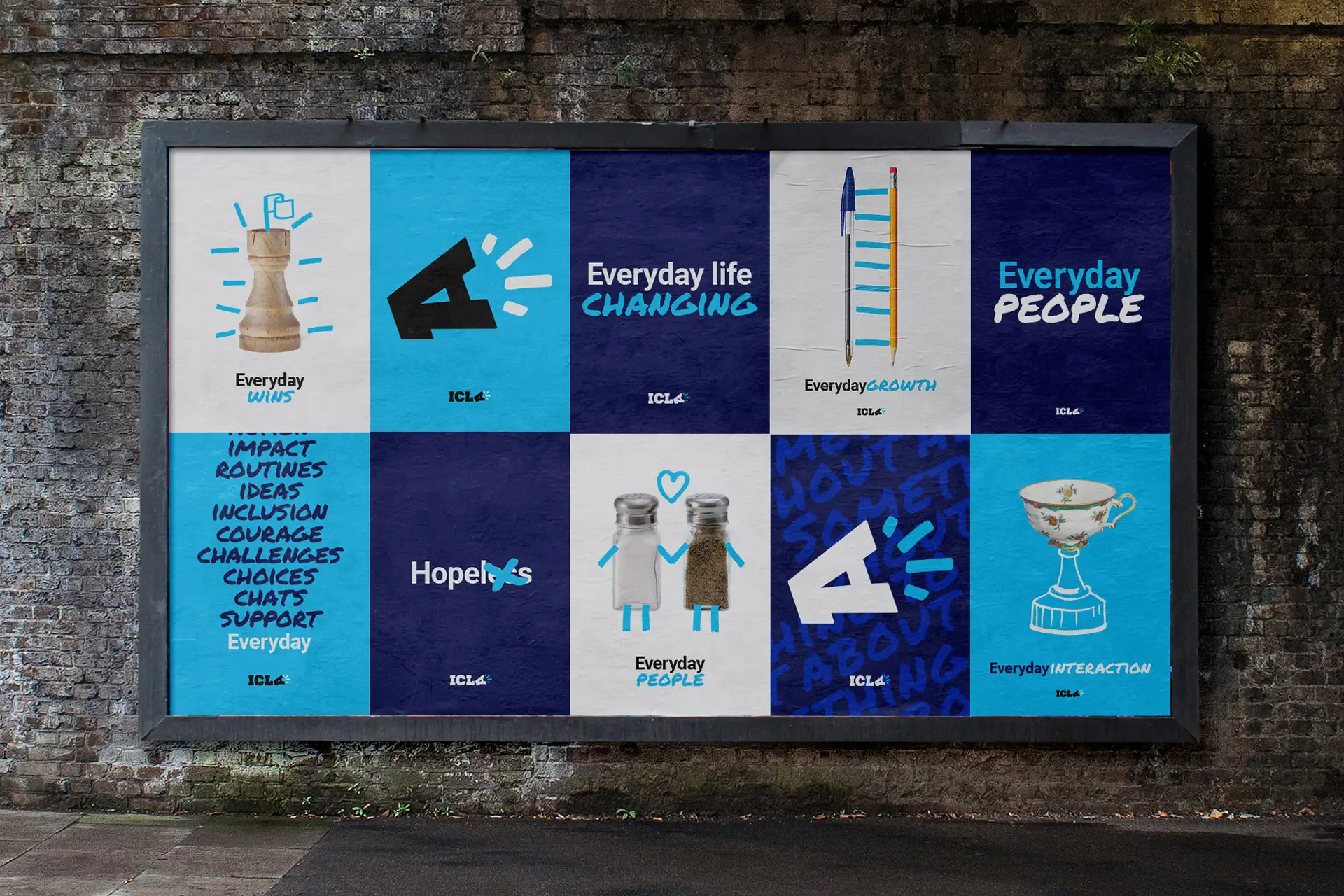 ICLA’s brand system applied across a poster campaign celebrating everyday people, growth and life-changing support.