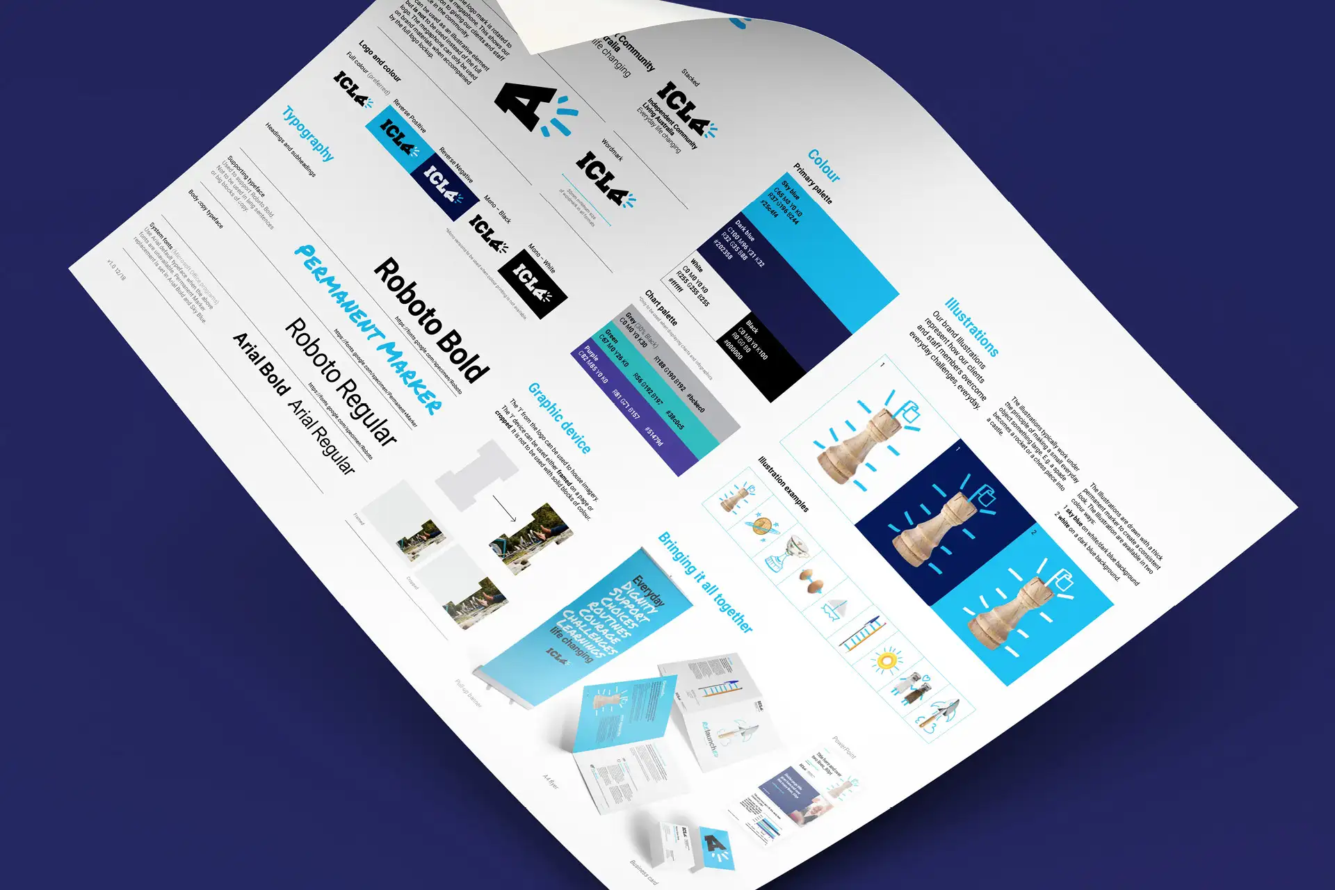 ICLA’s brand guidelines outlining the refreshed visual system, tone and illustration style for consistent rollout.