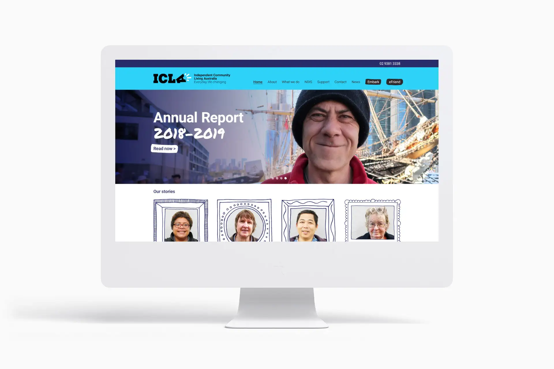 ICLA annual report webpage showing the refreshed brand expressing real community stories and lived experiences.