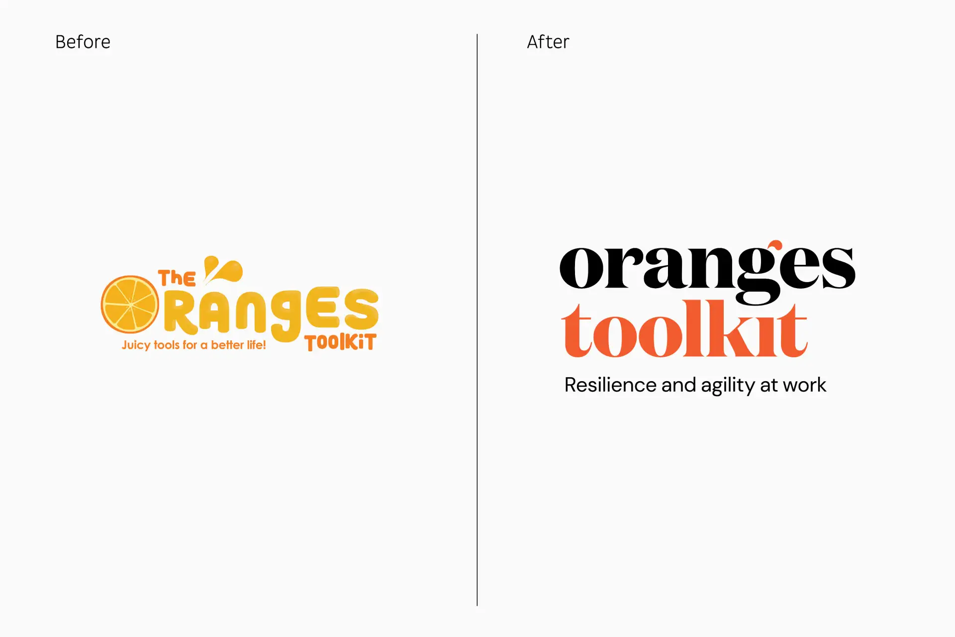 Side-by-side comparison of the before and after of the Oranges Toolkit logo.