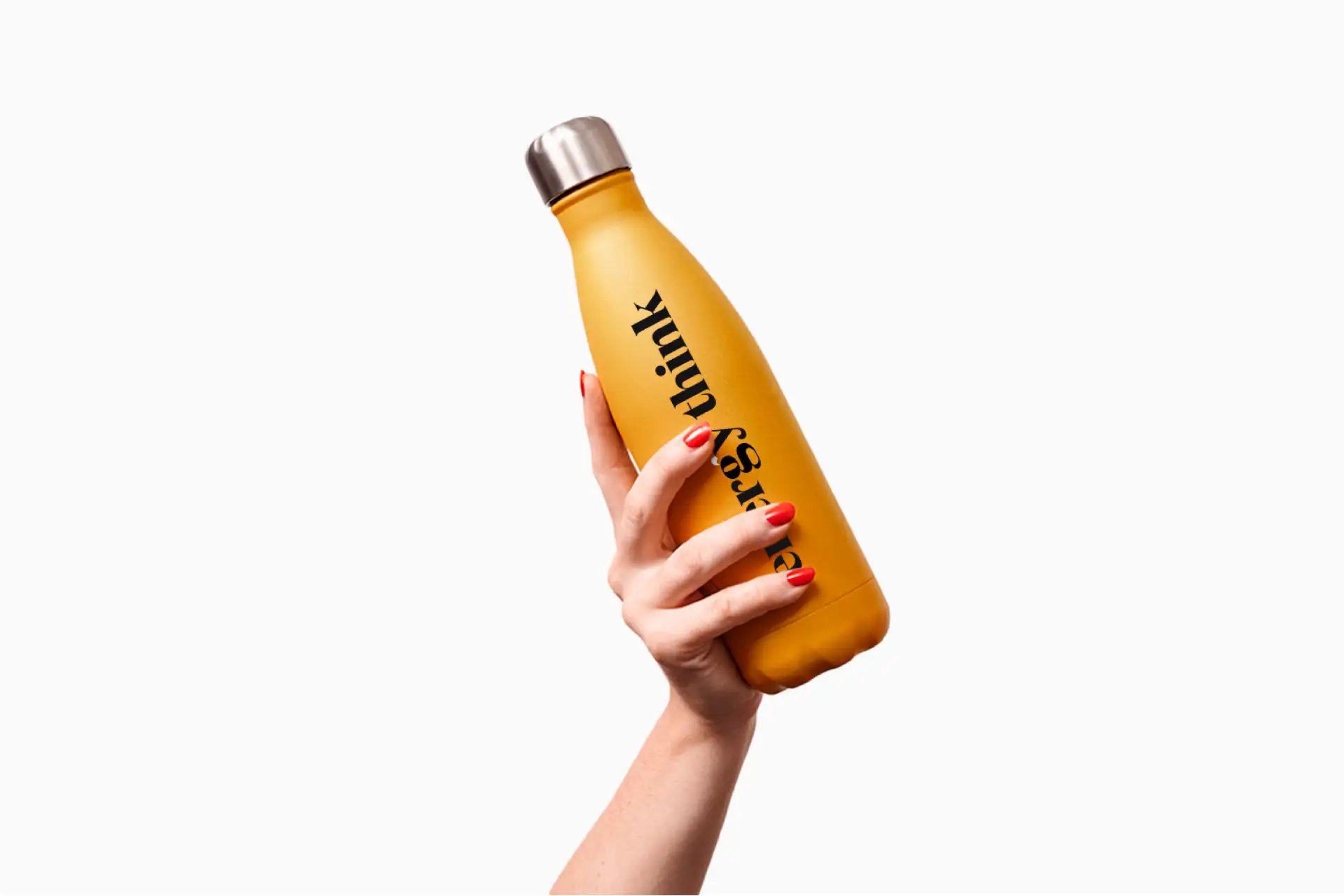 A hand holding an insulated water bottle with the updated visual identity applied.
