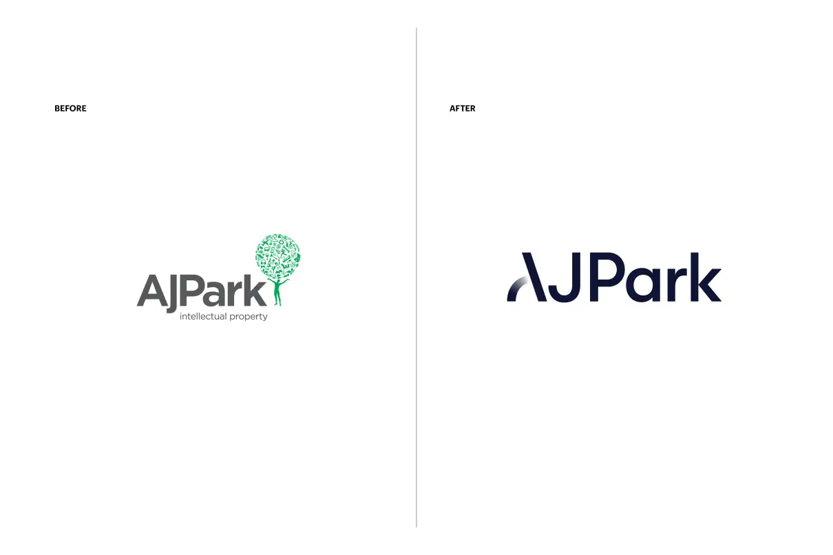 Side-by-side comparison of the old AJ Park logo with a tree icon and the new AJ Park wordmark featuring a stylised A letterform.