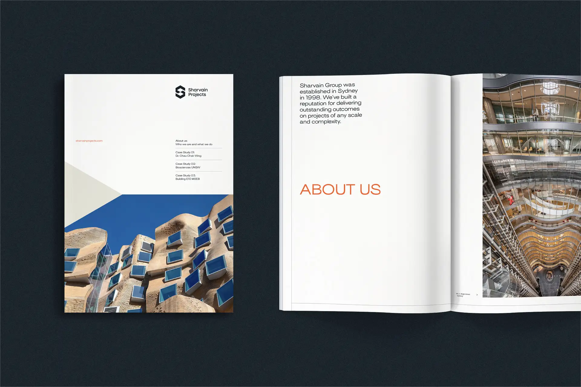 Printed brand booklet cover featuring the Sharvain Projects logo and geometric layout with architectural photography.