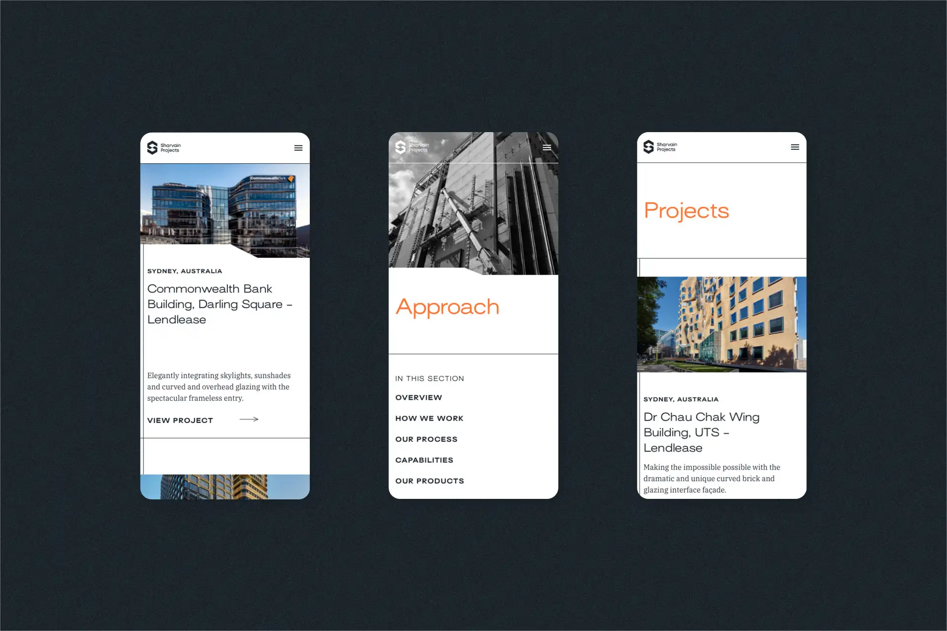 Three mobile screens displaying Sharvain Projects website layouts, including project listings, approach page, and project detail views.