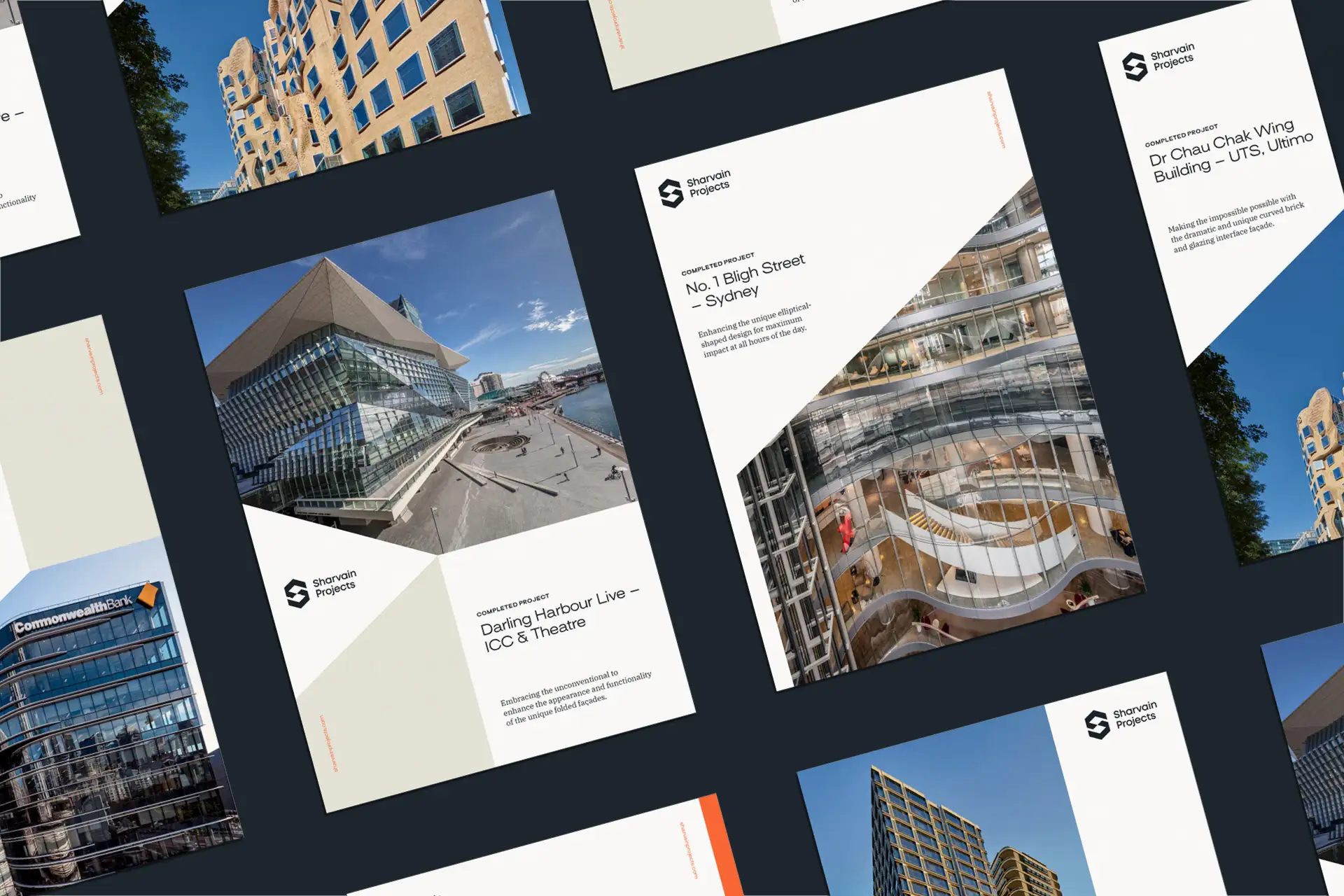 A flat-lay of printed Sharvain Projects case study sheets showcasing completed buildings with angled graphic layouts that mirror the brand’s geometric identity.