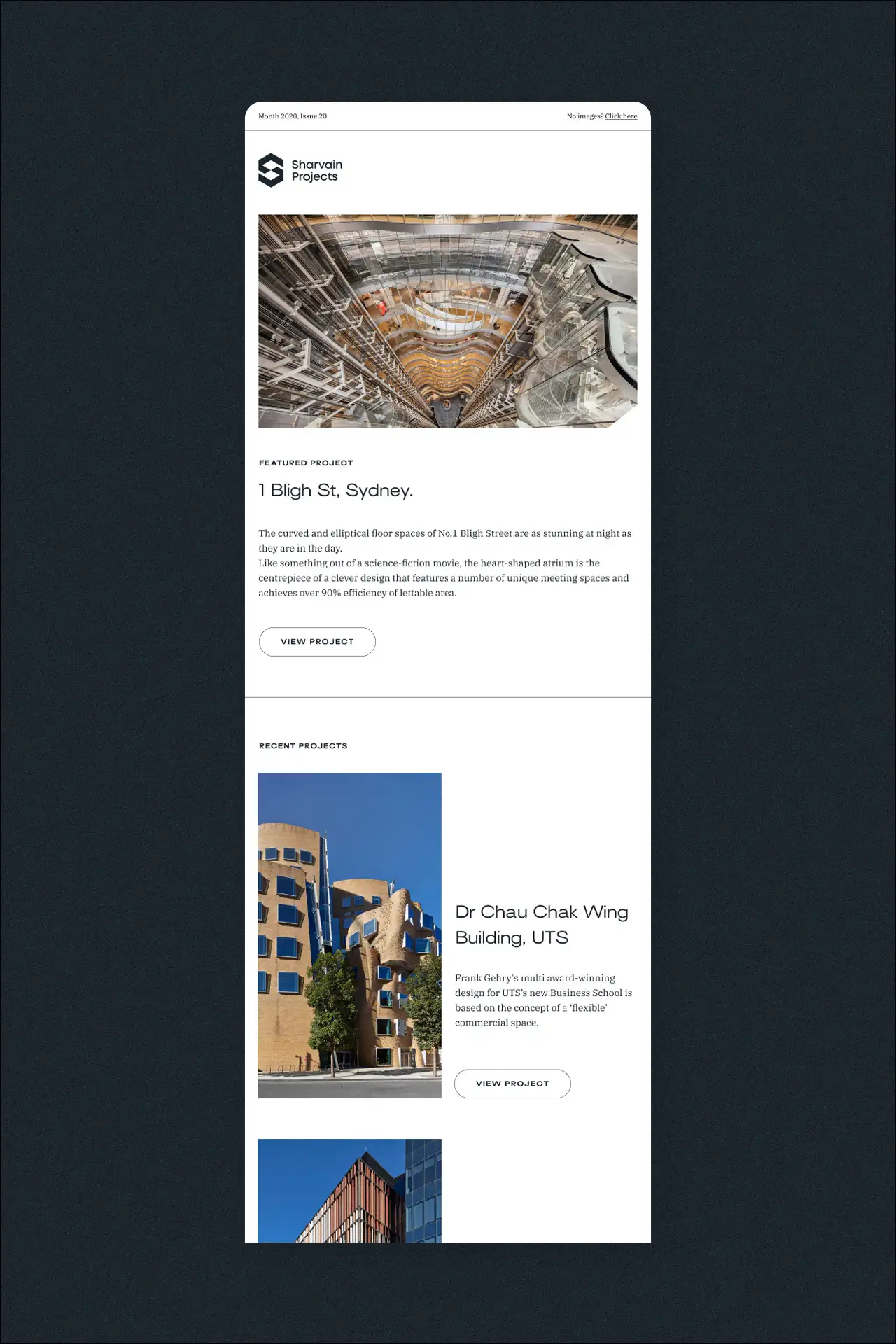 An email-style project feature layout showcasing No.1 Bligh Street, with a large header image of the atrium, descriptive text, and a section of recent project thumbnails below.