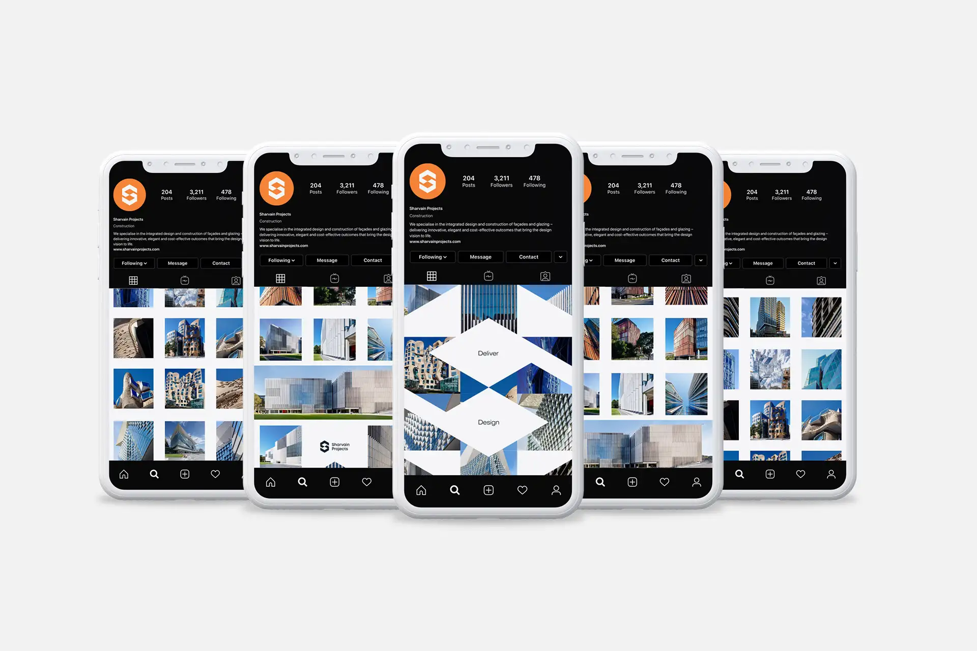 Five smartphone screens displaying Sharvain Projects’ Instagram grid.