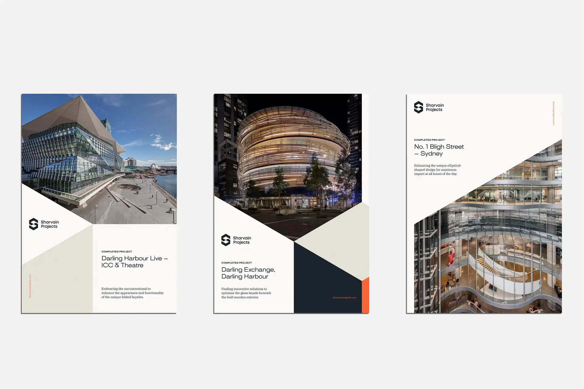 Three Sharvain Projects posters presenting completed buildings — Darling Harbour Live, Darling Exchange, and No.1 Bligh Street.