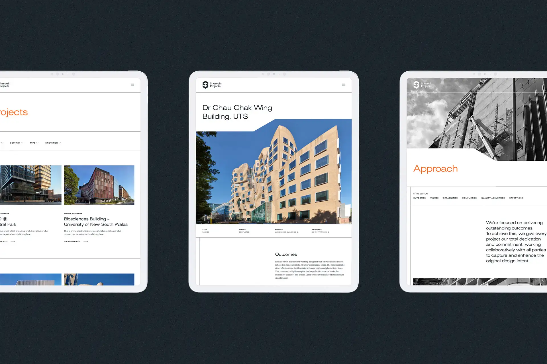 Three tablet screens displaying Sharvain Projects’ website pages.