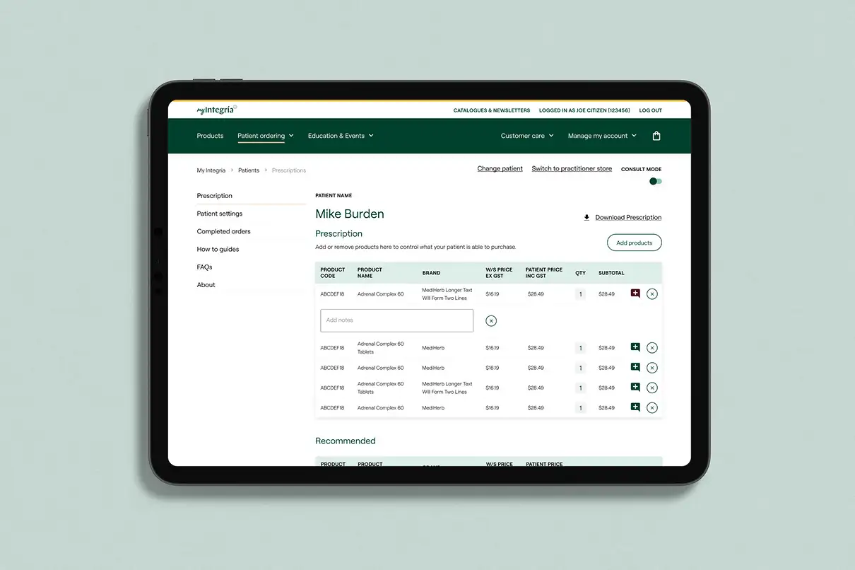 Integria’s digital prescribing tool showing how practitioners manage patient products and orders through a clearer, streamlined interface.