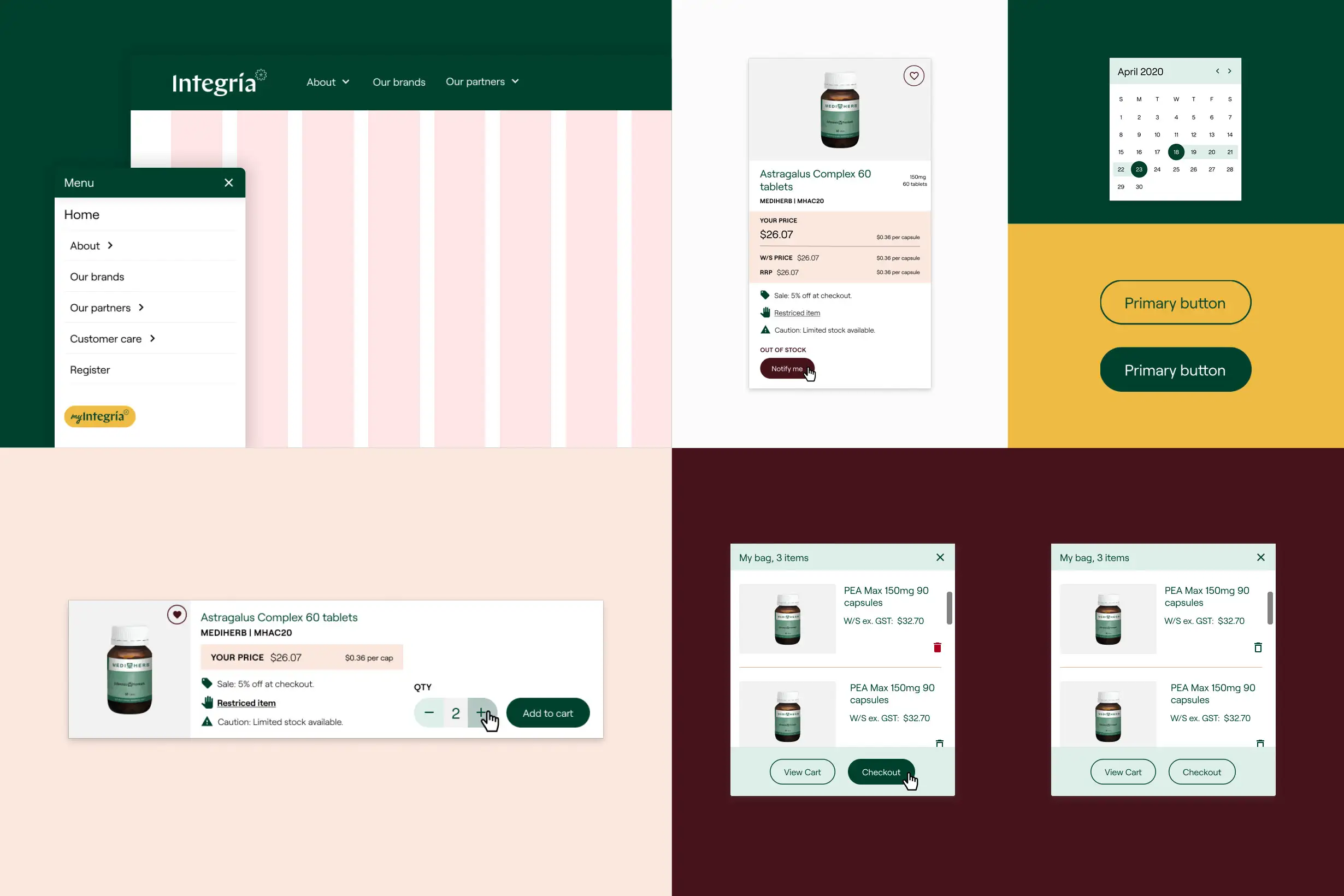 Modular UI components showing product cards, cart actions and menu patterns for a consistent, intuitive natural-health ecommerce experience.