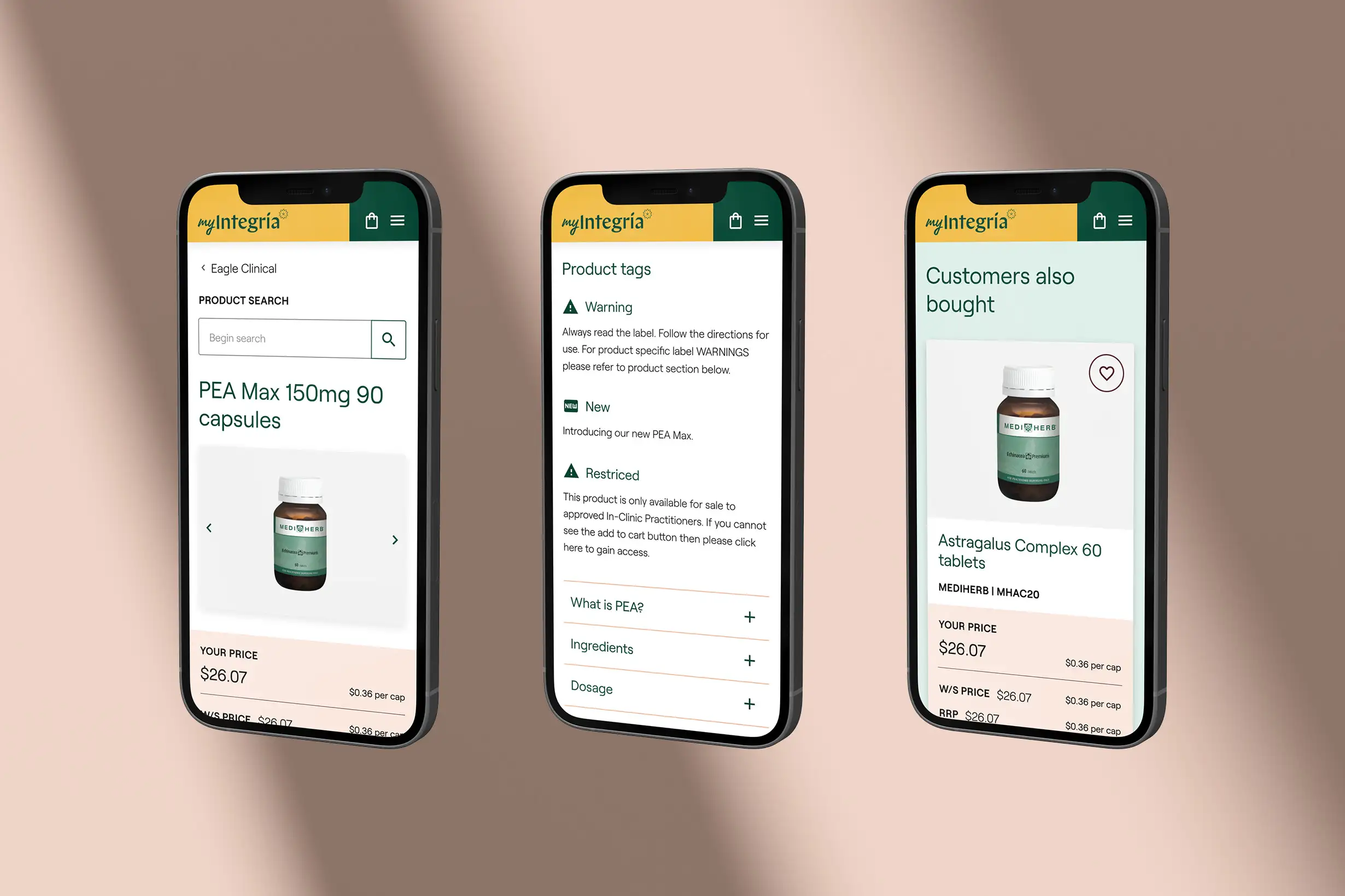 Mobile product pages showing clearer tags, warnings and recommendations to help practitioners order natural healthcare products with confidence.