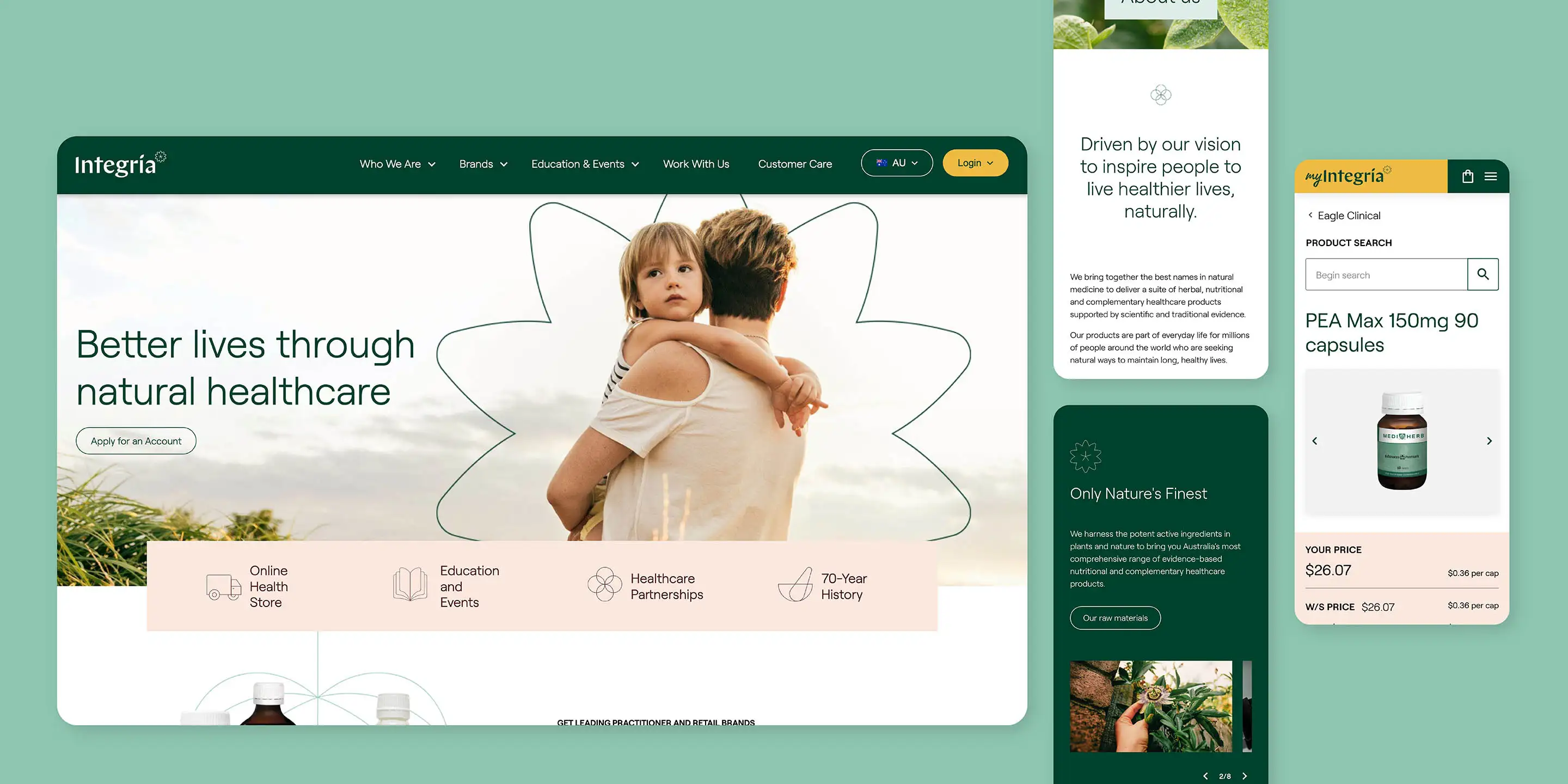 Natural healthcare website showing Integria’s redesigned homepage and product search, highlighting a cleaner, practitioner-focused digital experience.