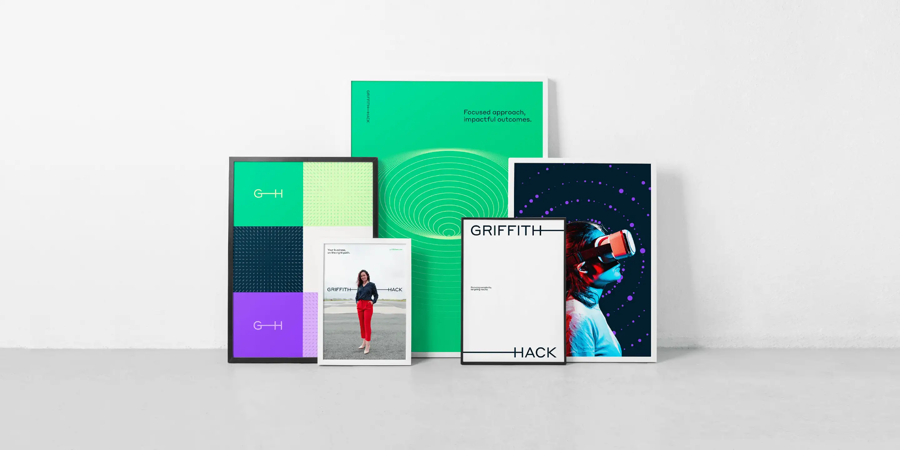 A collection of branded posters and print pieces demonstrating the refreshed Griffith Hack identity, showing how the new visual system works across photography, illustration and messaging.
