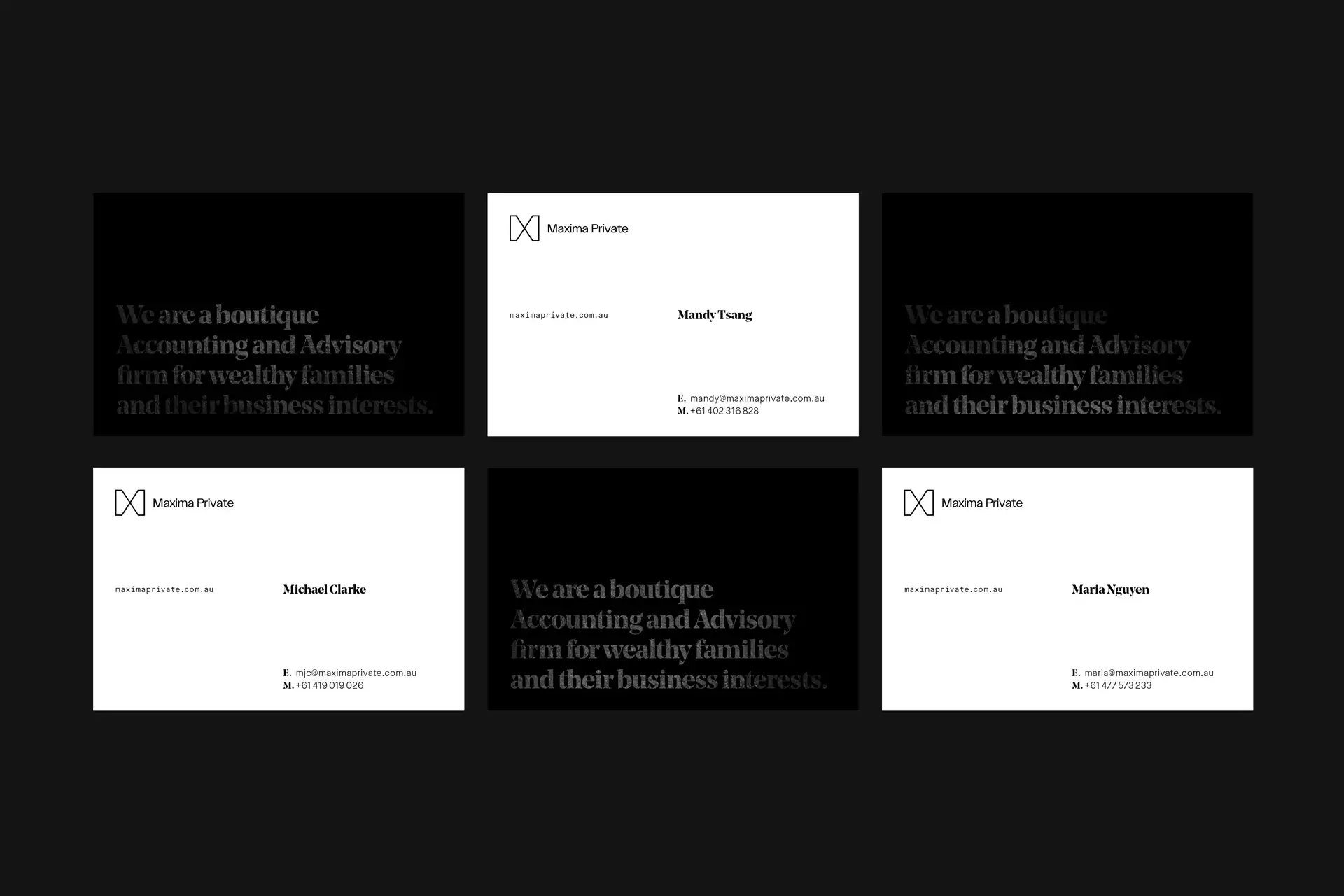Maxima Private business cards showing the refined black-and-white identity and premium typography.