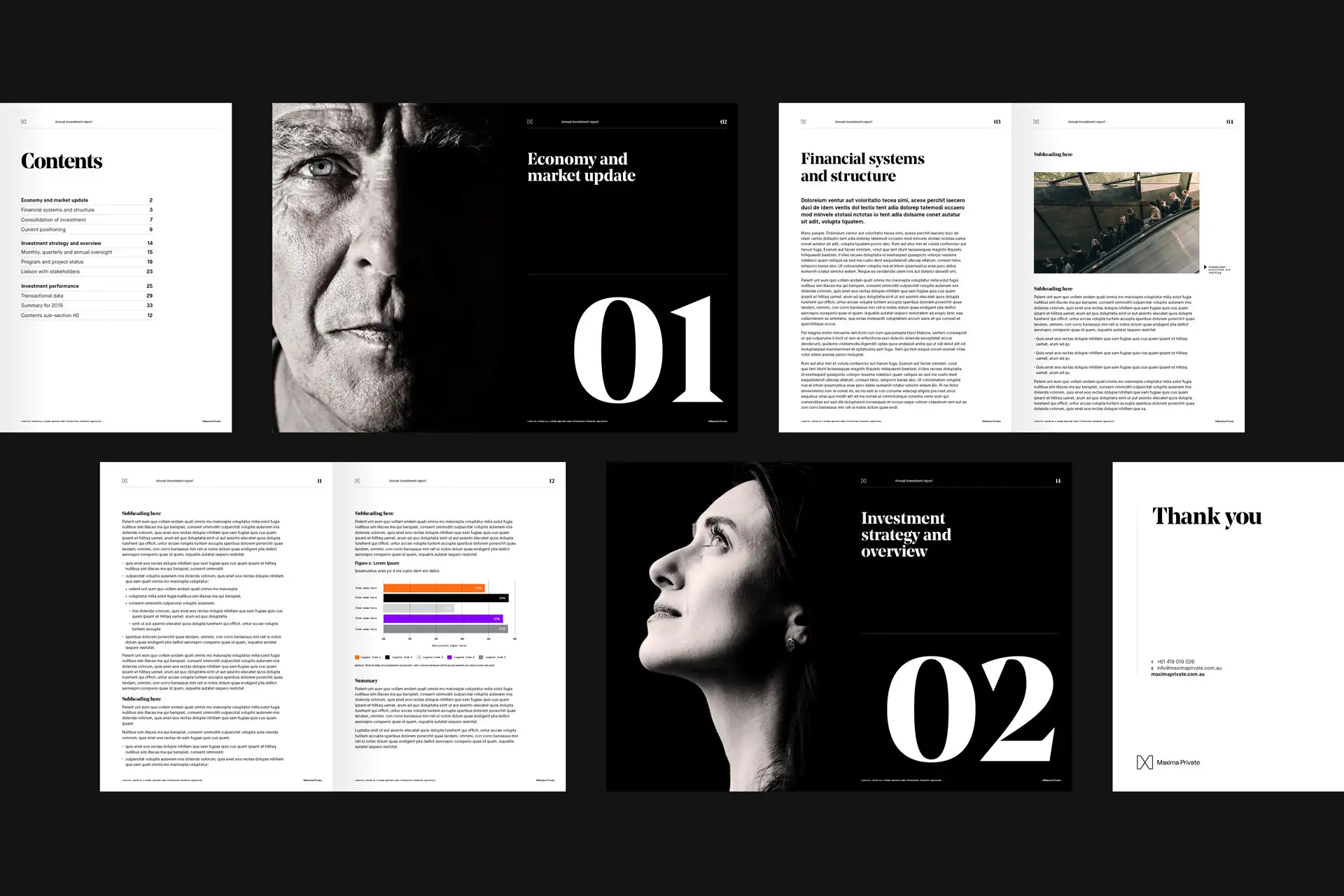 Selected Maxima Private report spreads showing chapter openers, photography and structured financial content.
