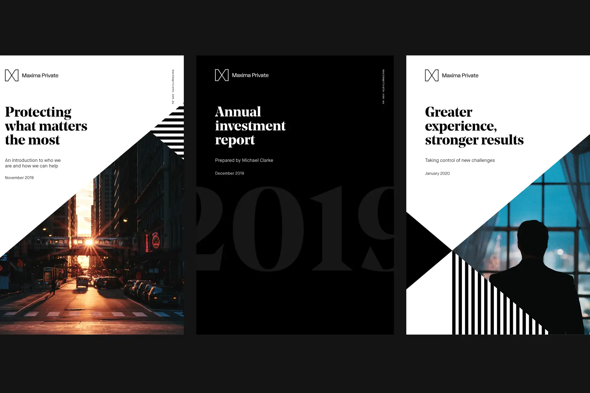Maxima Private report covers highlighting the bold monochrome brand system across key publications.