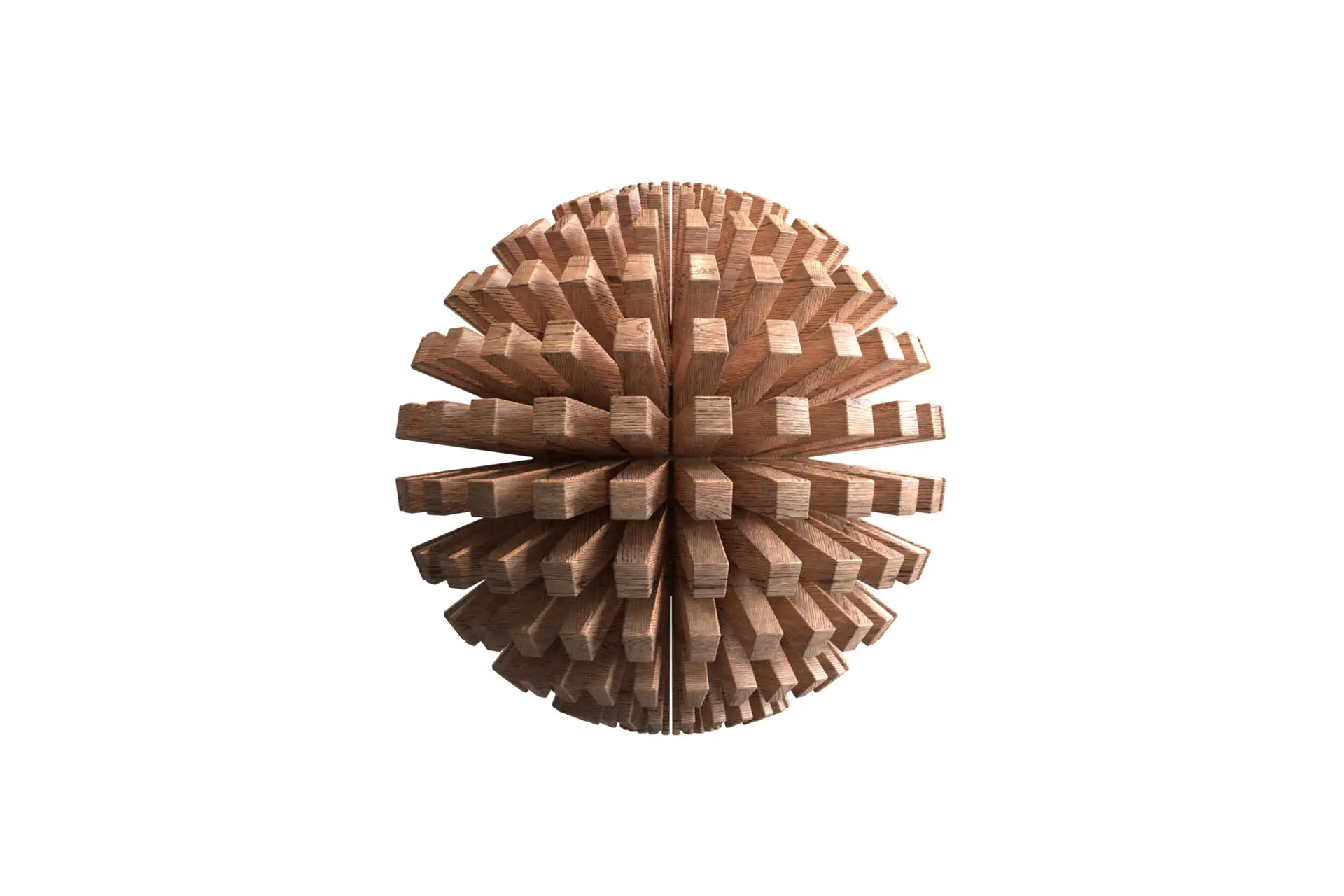 Spherical wooden sculpture composed of numerous rectangular blocks radiating outward evenly.