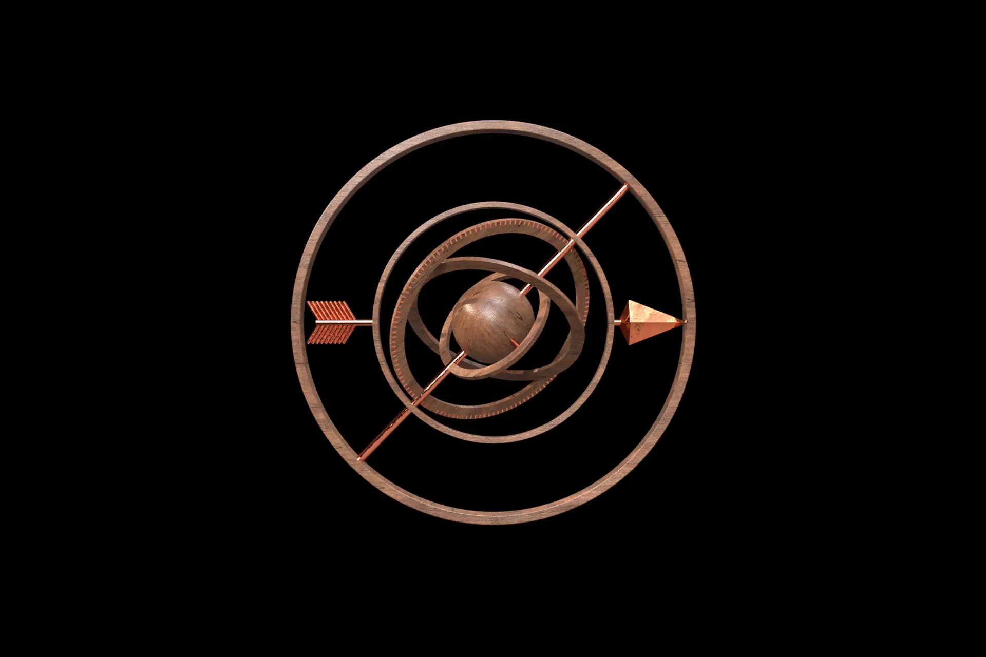 Wooden armillary sphere with concentric rings and an arrow passing through the center on a black background.