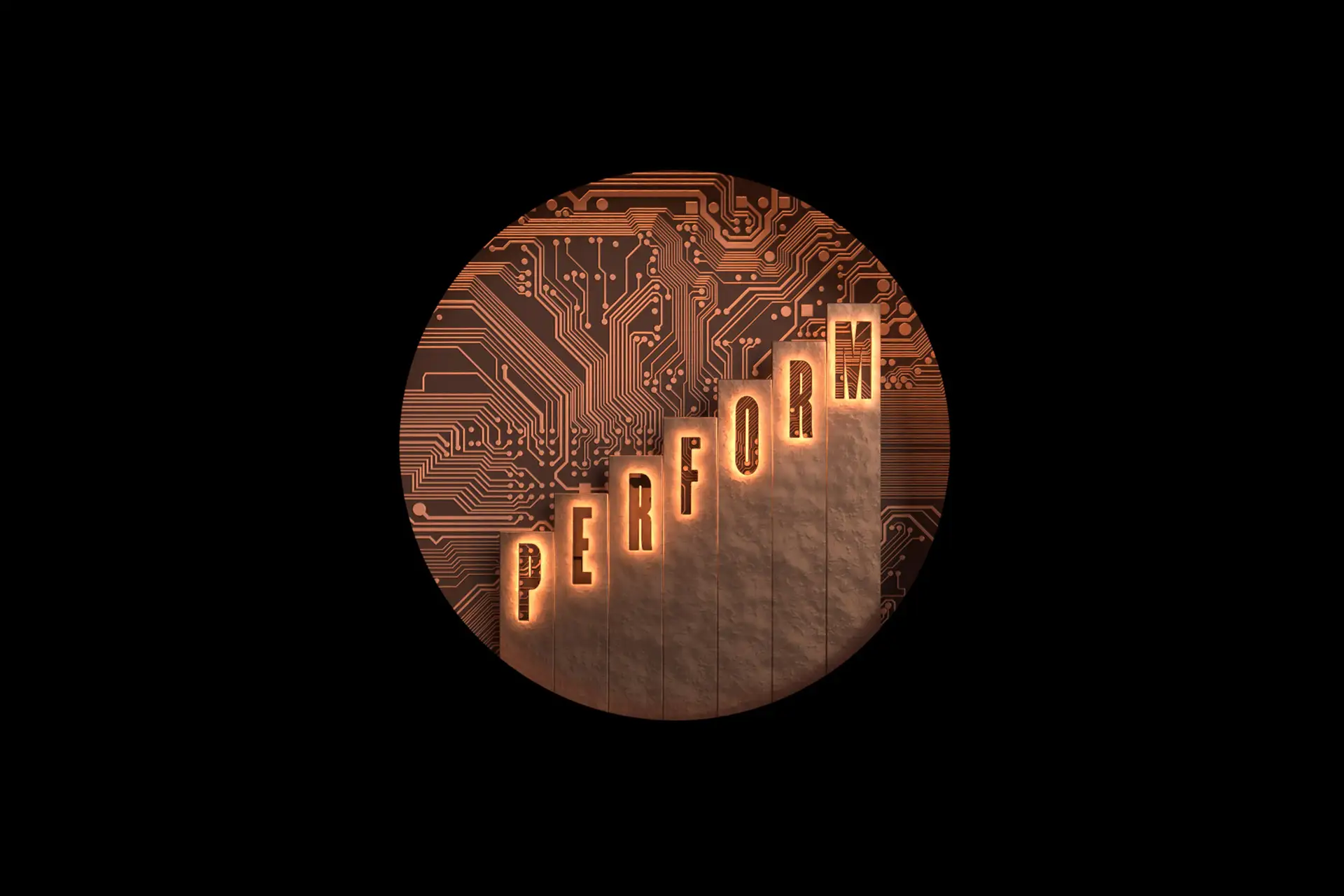 Circular graphic featuring copper circuit-board patterns with the word PERFORM displayed on ascending illuminated pillars.
