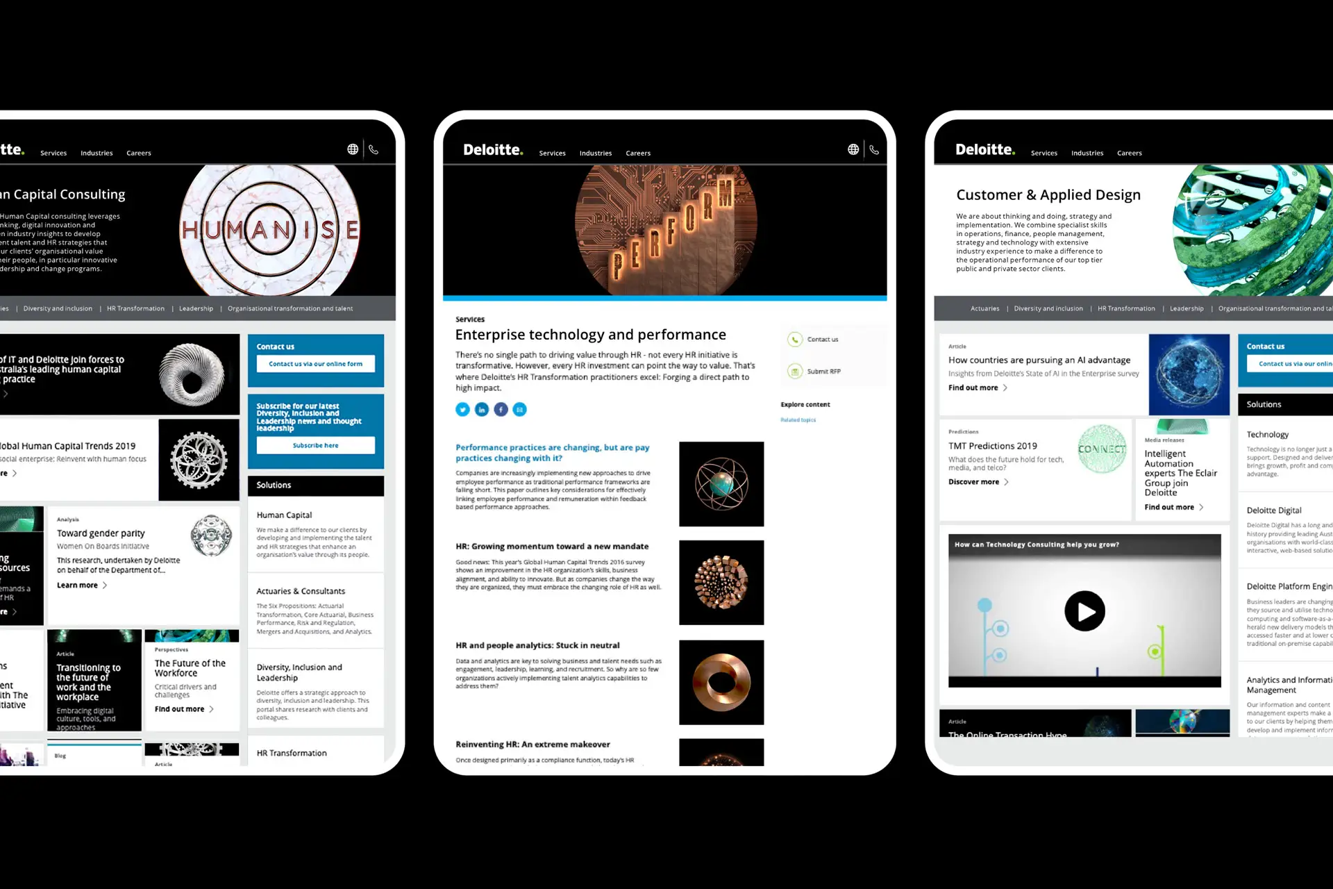 Screenshots of three Deloitte consulting web pages showcasing service content, performance technology articles, and customer and applied design insights.