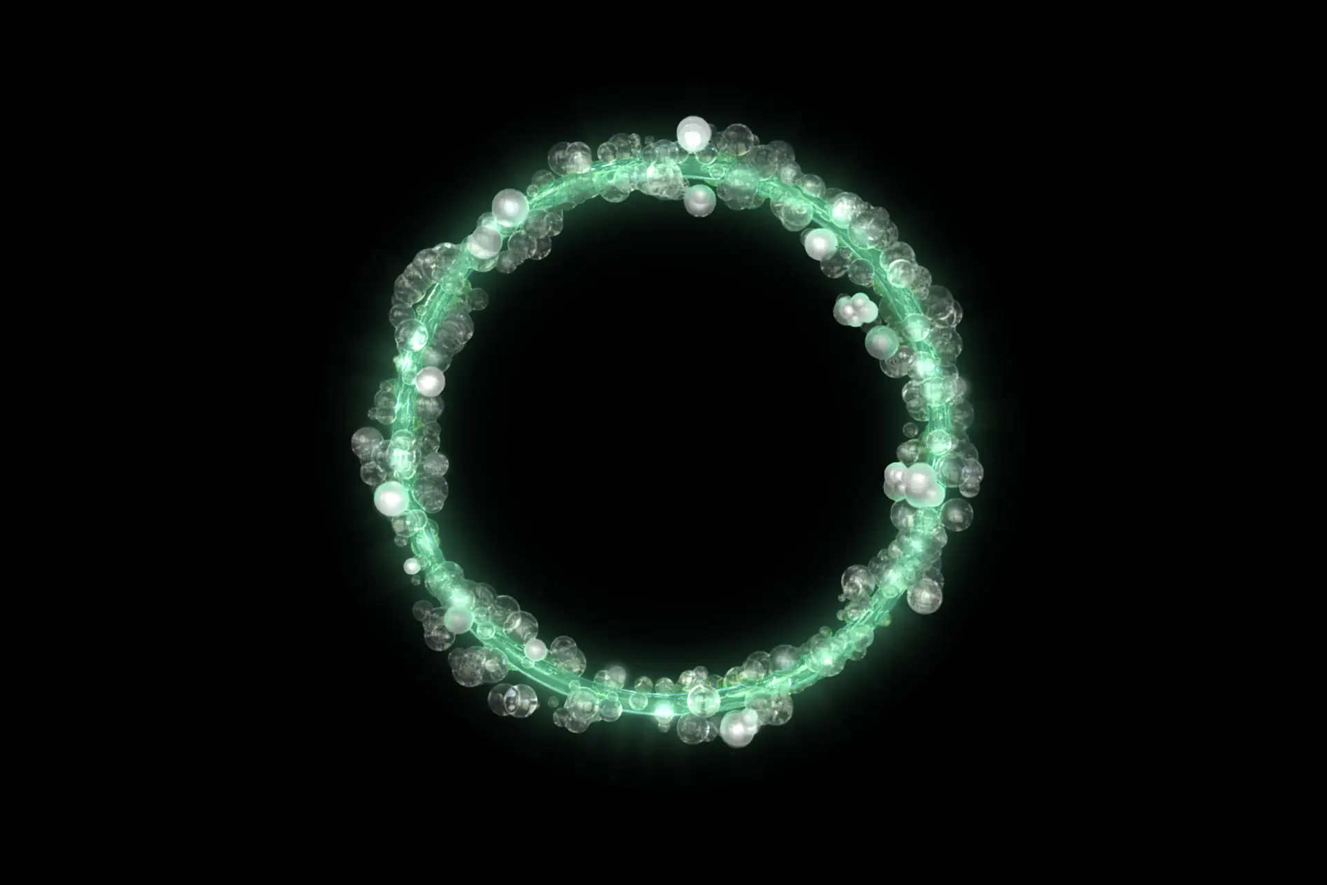Glowing green particle ring formed from translucent spheres against a black background.