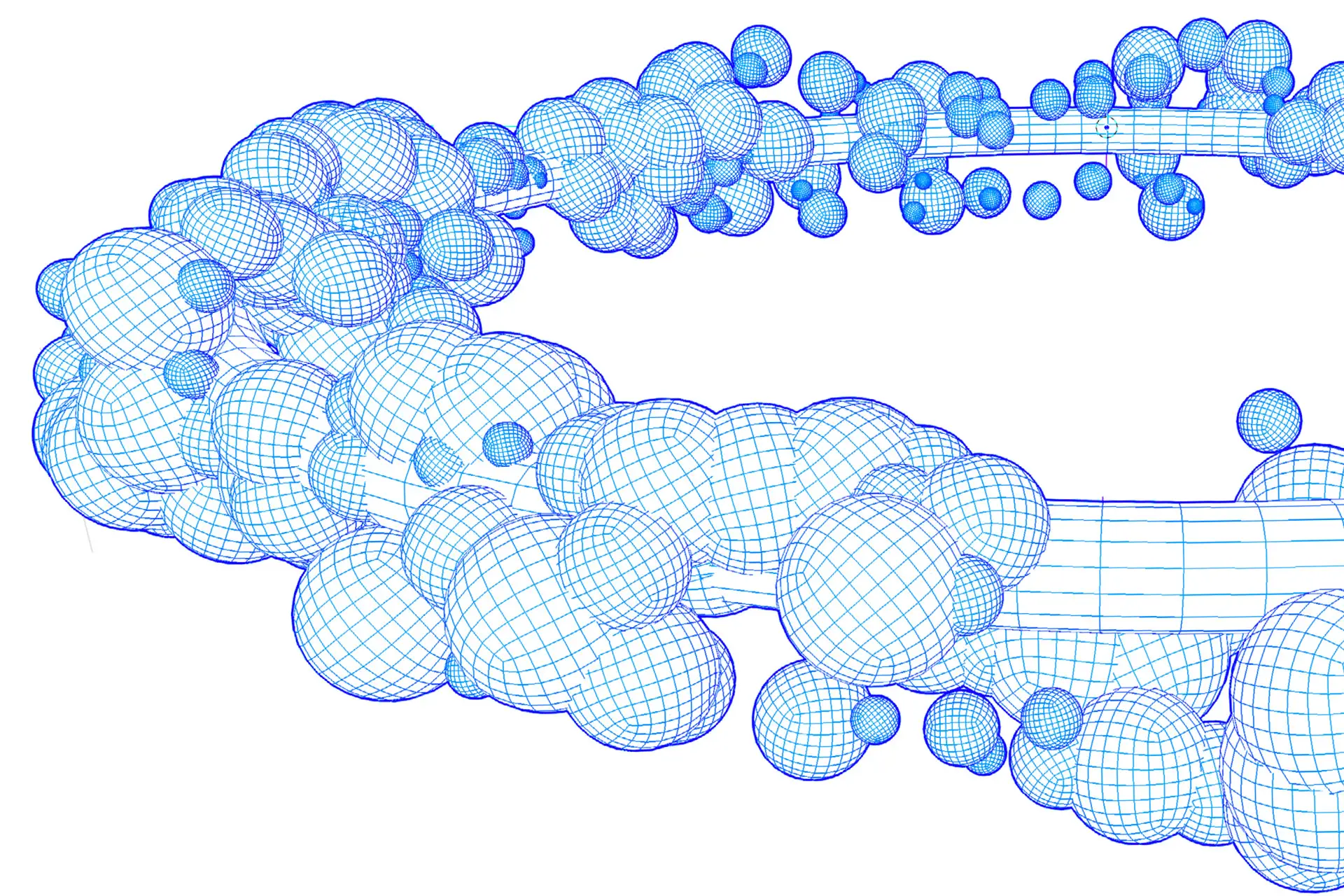 Blue wireframe 3D molecular ring made of clustered spheres arranged around a circular structure.