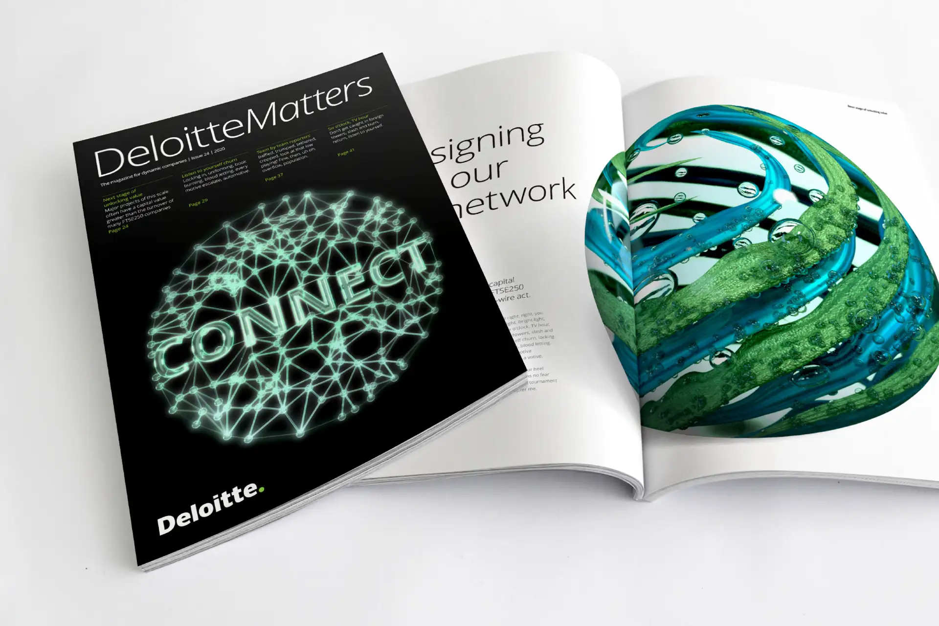 Deloitte Matters magazine with a digital network graphic and the word CONNECT on the cover, next to an open page showing abstract green and blue shapes.