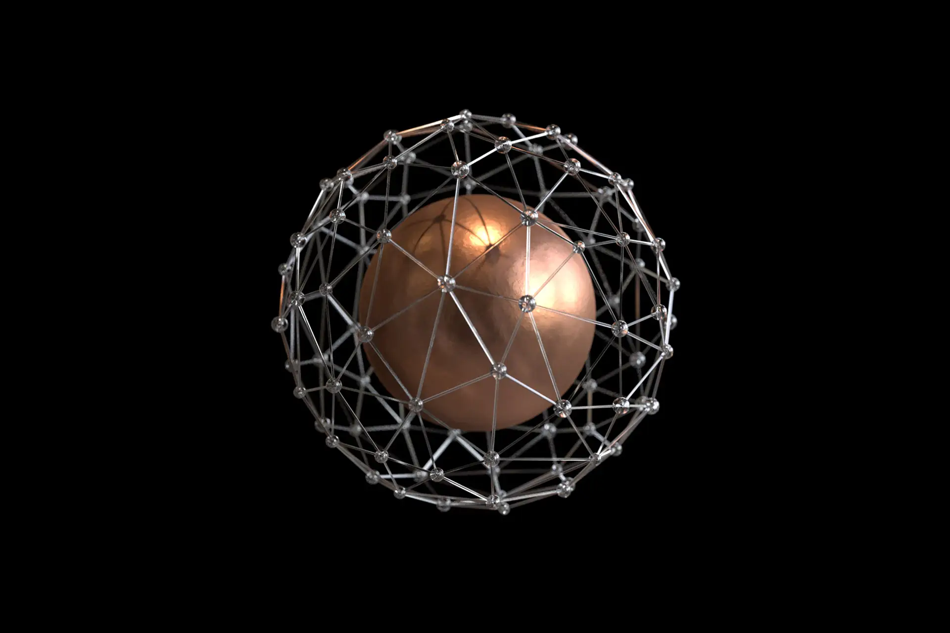 Copper-colored solid sphere enclosed within a transparent geodesic wireframe globe on a black background.
