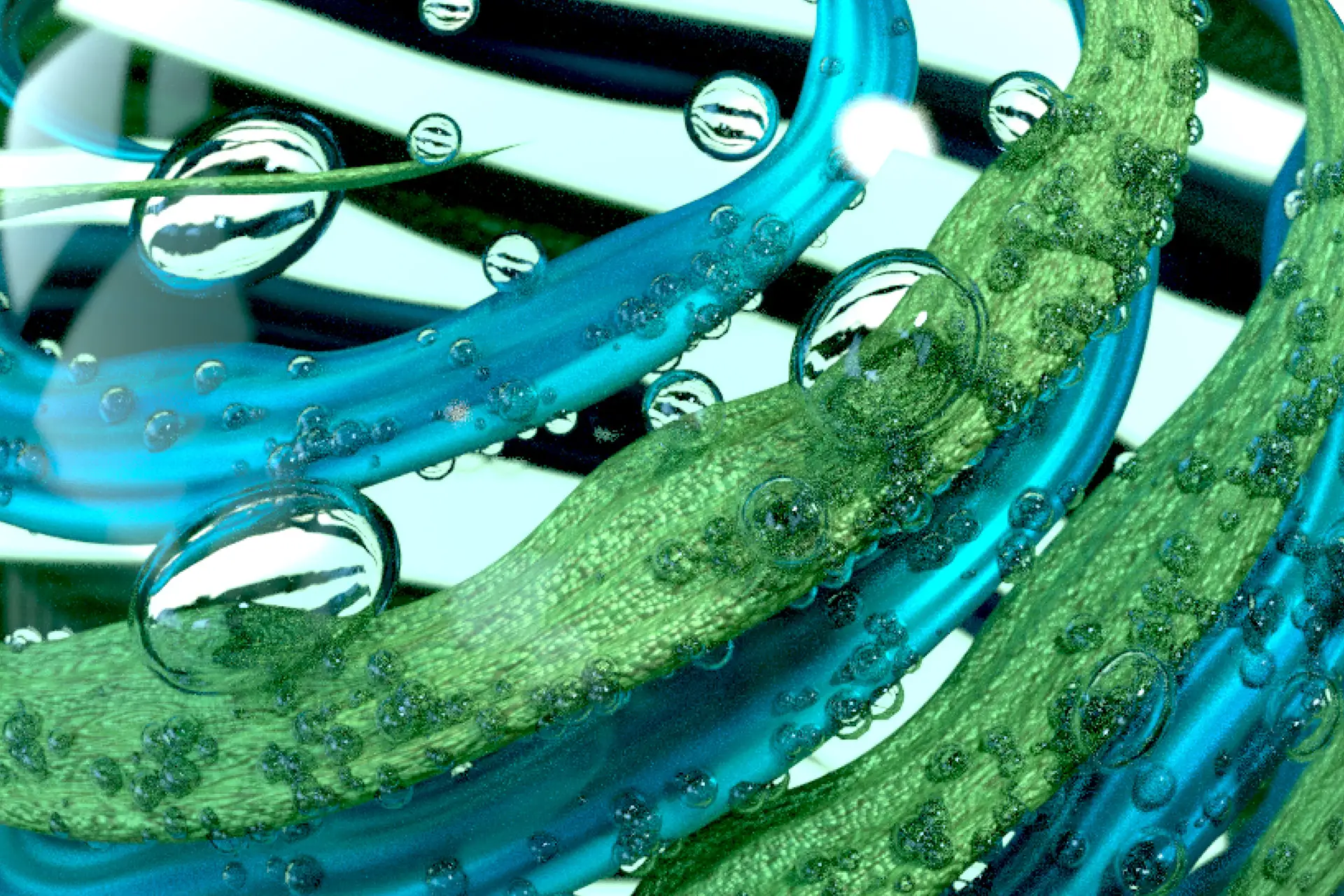 Close-up of blue and green glass-like loops with suspended bubbles and reflective highlights.