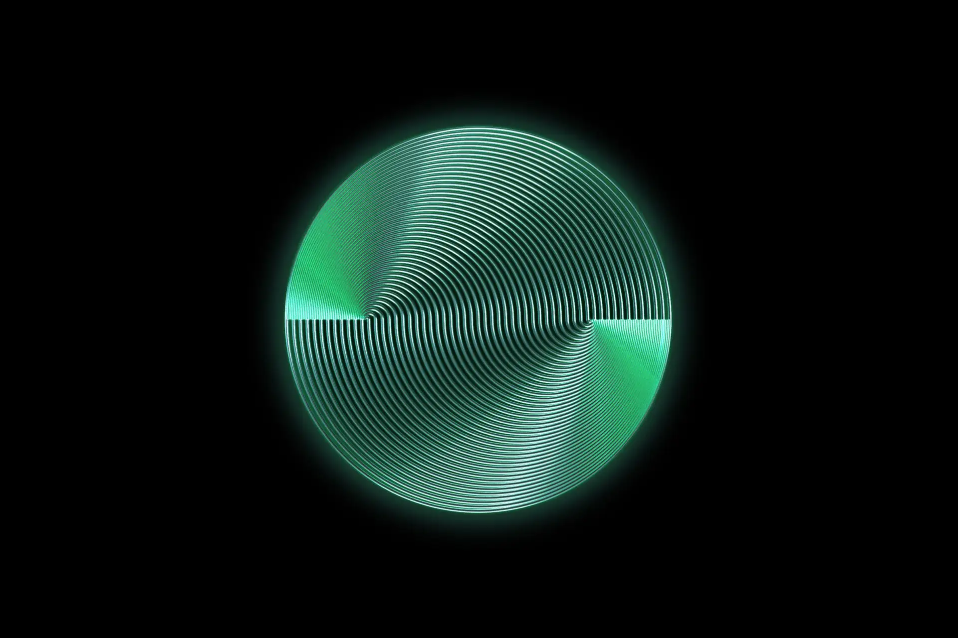 Circular green radial-line 3D graphic with concentric curved lines glowing against a black background.
