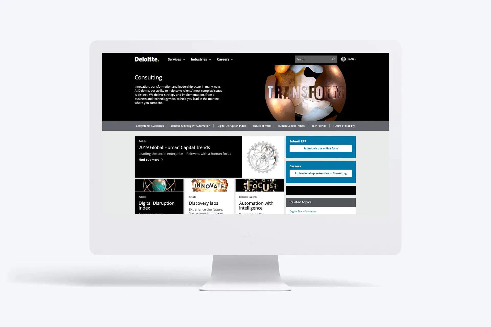 Deloitte consulting webpage displayed on a desktop screen.