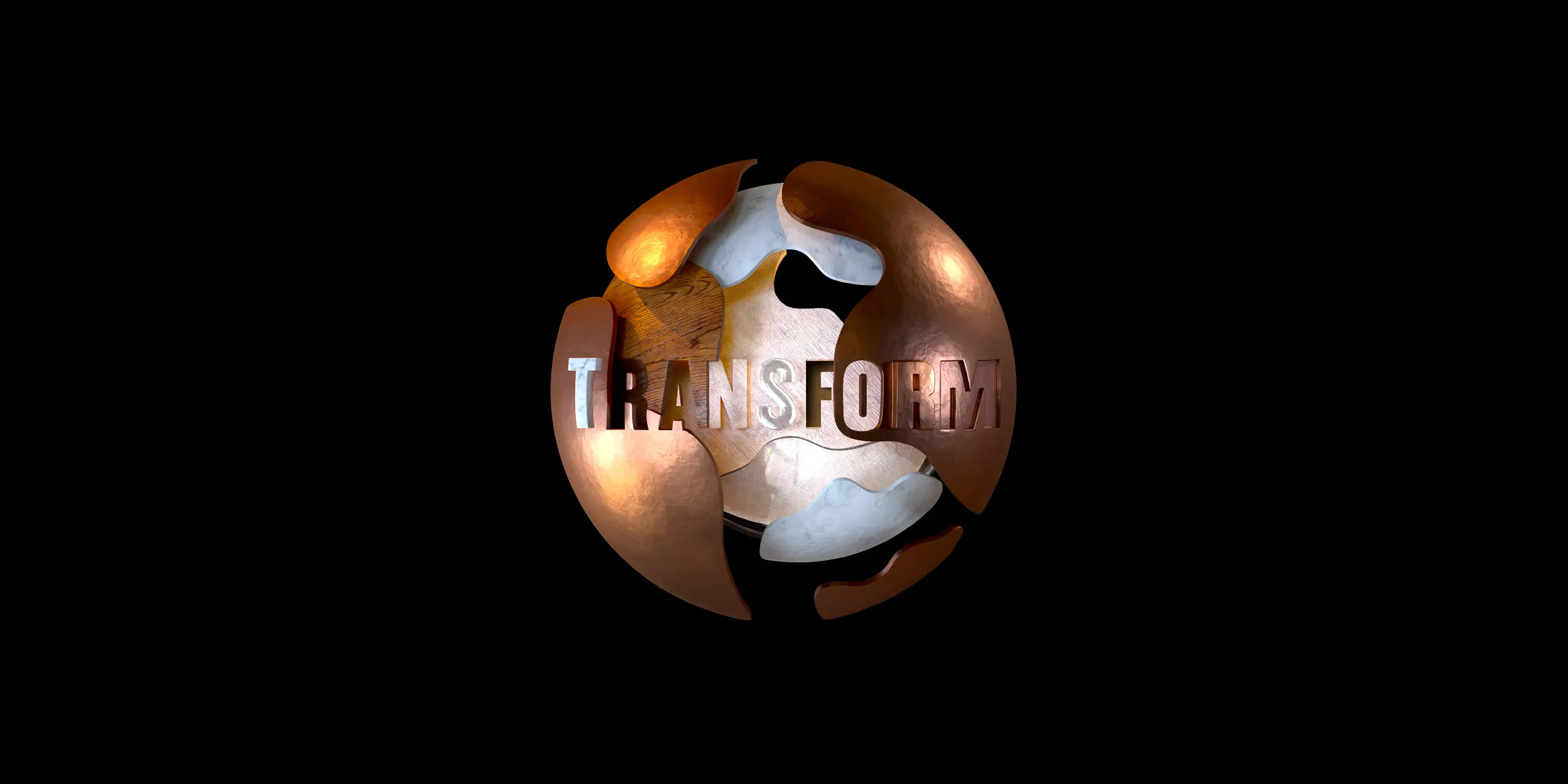 Copper and silver 3D globe with carved TRANSFORM lettering at the centre.