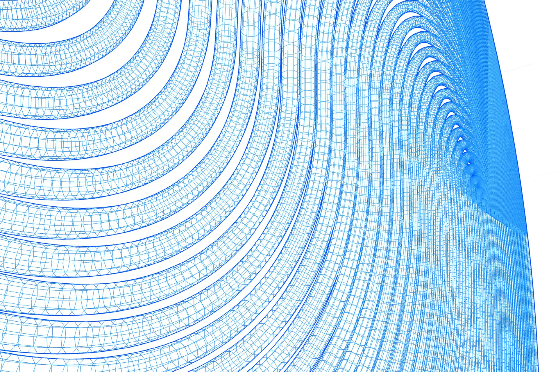 Blue wireframe 3D tunnel with repeating curved segments creating a layered, geometric pattern.