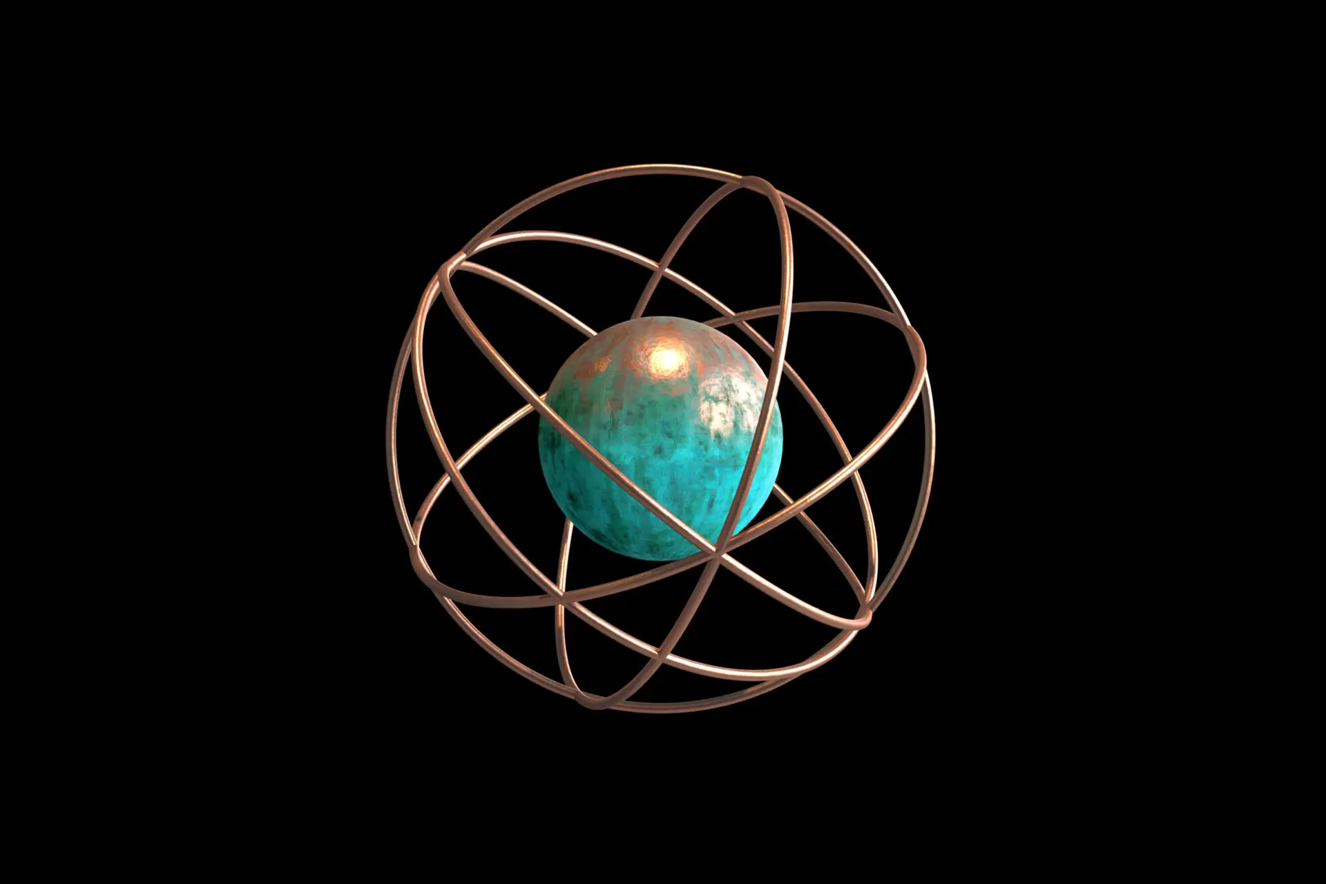 Copper orbital rings encircling a turquoise textured sphere, set on a black background.