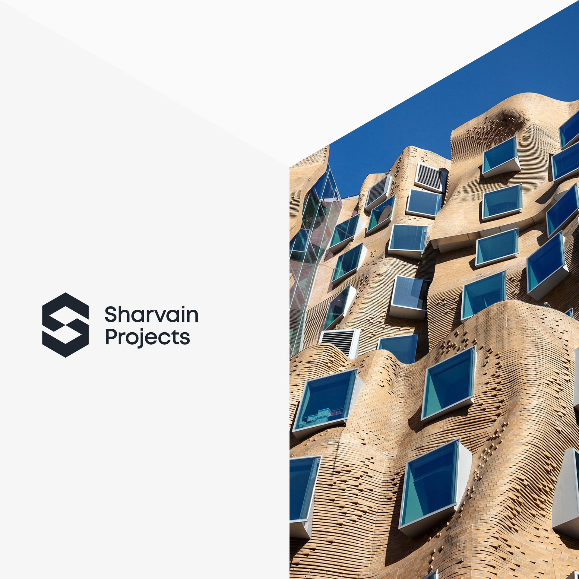 Sharvain Projects logo shown alongside a sculptural brick and glass building facade, introducing the brand and its architectural focus.