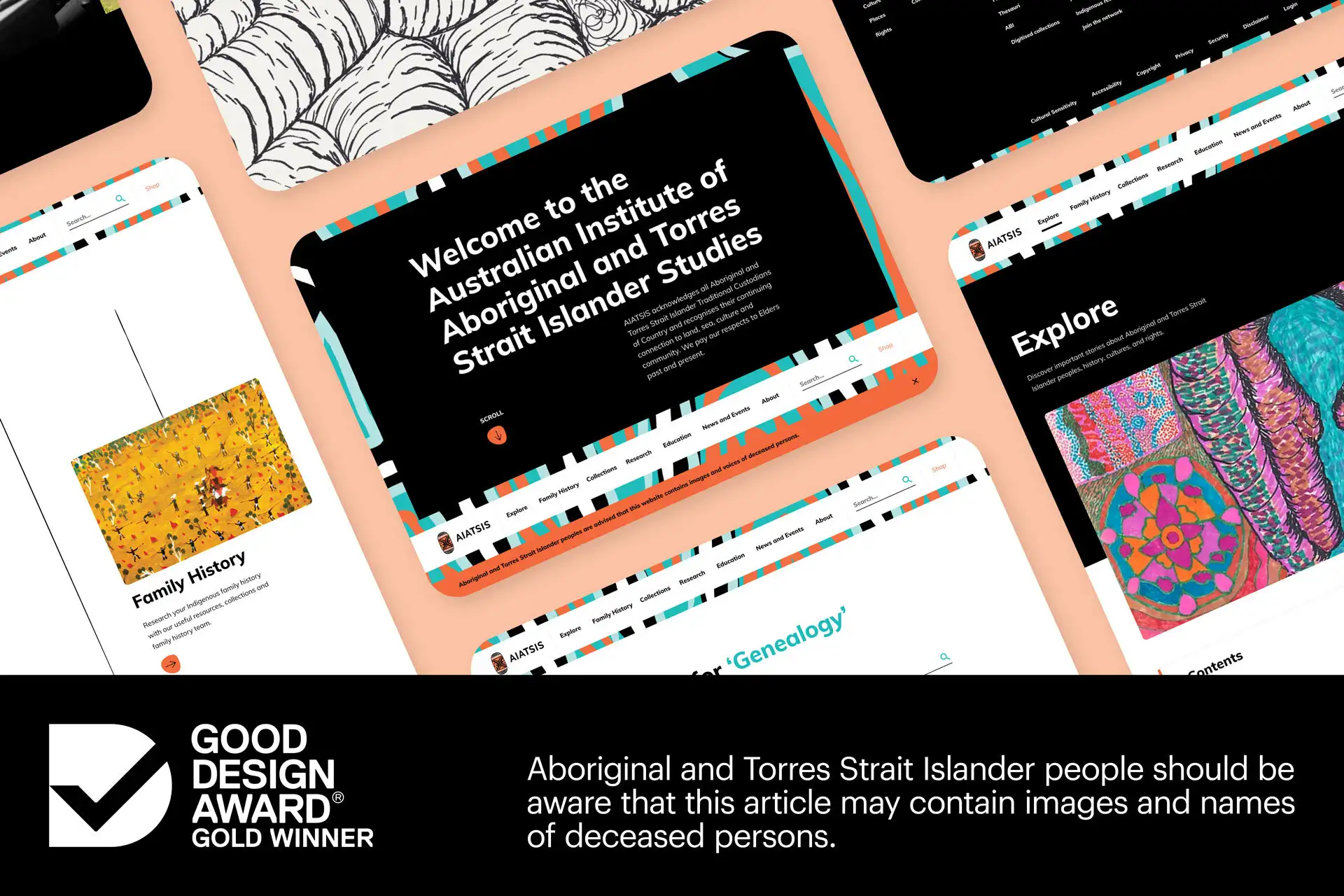 Collage of AIATSIS website screens with a Good Design Award Gold Winner badge and a message to Aboriginal and Torres Strait Islander people to be aware that the article may contain images and names of deceased persons.