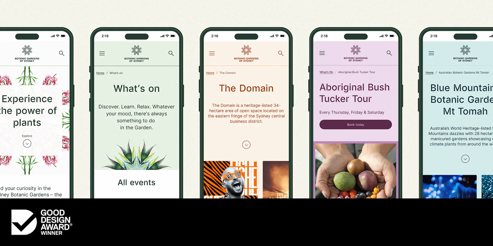 Five mobile screens showing different Botanic Gardens of Sydney webpages, including home, What’s On, The Domain, Aboriginal Bush Tucker Tour, and Blue Mountains Botanic Garden pages.