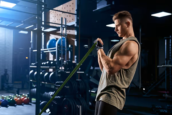 Muscular young man exercising with a green resistance band in a gym.