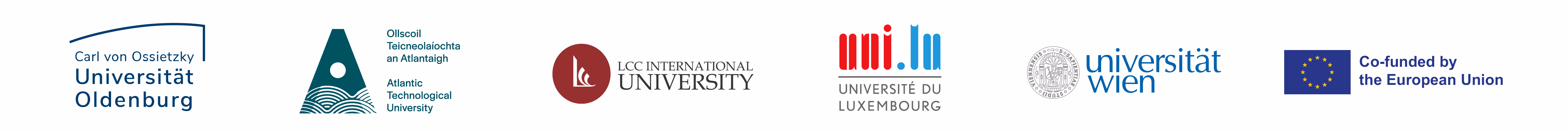 Logos of Carl von Ossietzky Universität Oldenburg, Atlantic Technological University, LCC International University, Université du Luxembourg, Universität Wien, and the European Union with text 'Co-funded by the European Union'.