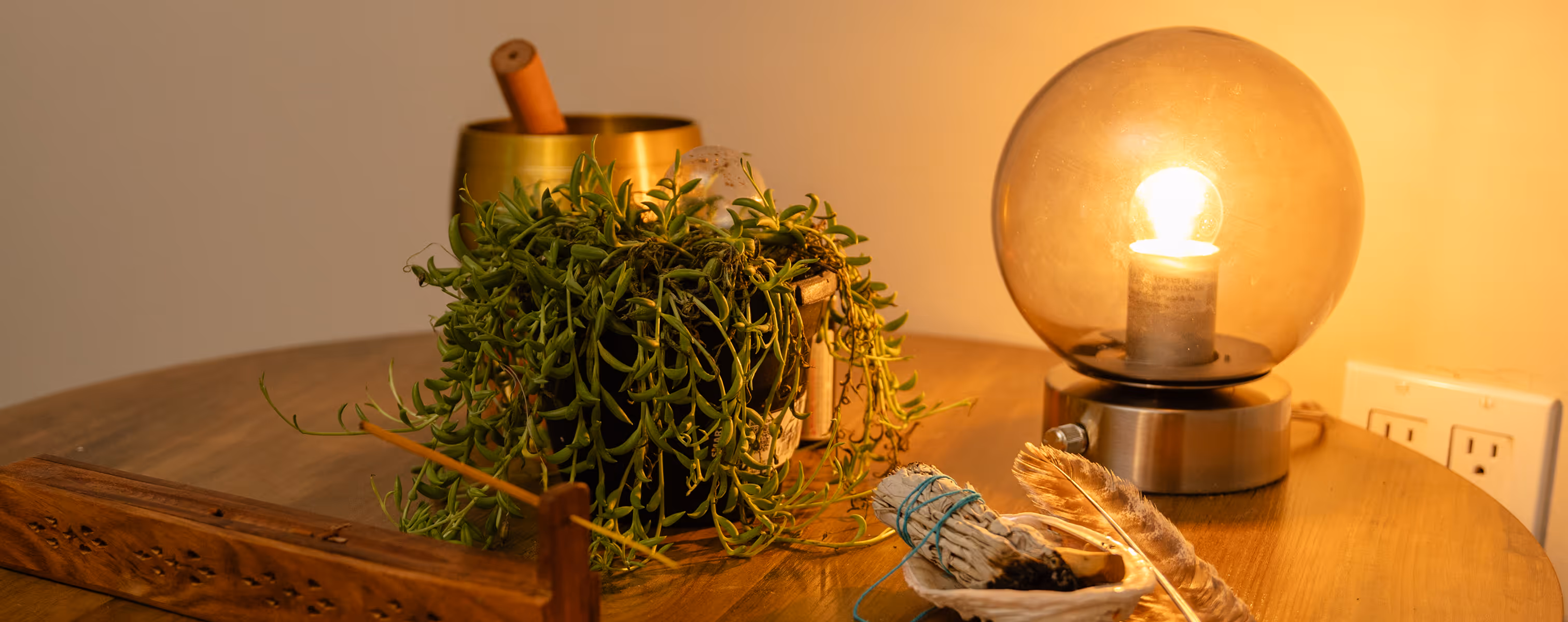 Table with a green potted plant, a brass mortar and pestle, a lit spherical lamp, a sage bundle on a shell, and a feather.