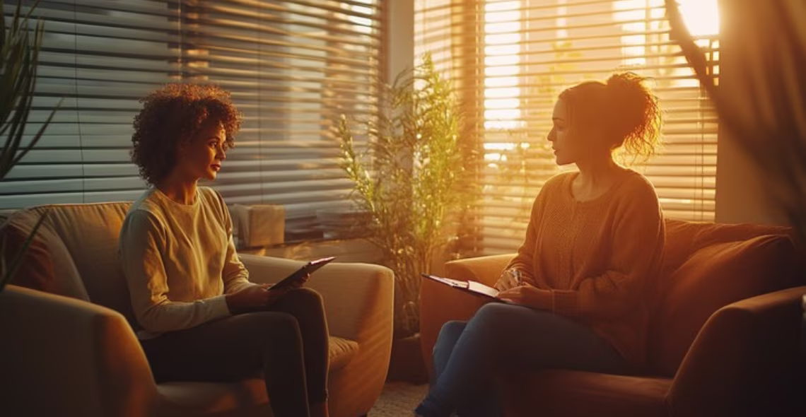 Two clinicians in consultation, seated with notes in a warm, sunlit office