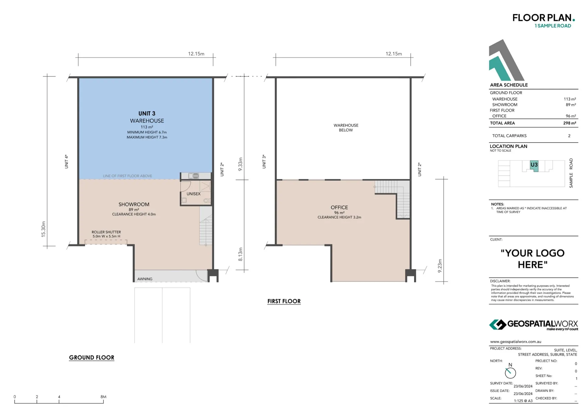 Floor plan for marketing of a 2 level showroom/warehouse unit