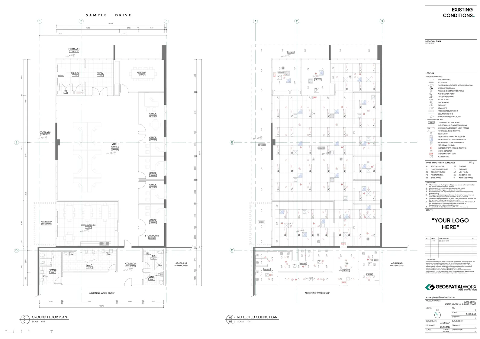 Existing conditions floor plan and reflected ceiling plan of a office tenancy